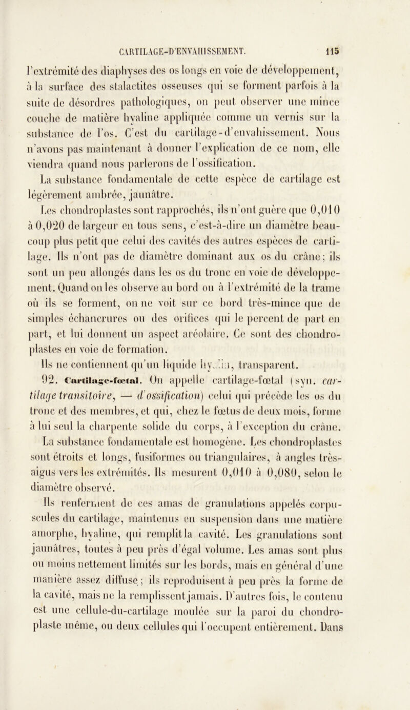 l’extrémité des diaphyses des os longs en voie de développement, à la surface des stalactites osseuses qui se forment parfois à la suite de désordres pathologiques, on peut observer une mince couche de matière hyaline appliquée comme un vernis sur la substance de l’os. C’est du cartilage-d’envahissement. Nous n’avons pas maintenant à donner l’explication de ce nom, elle viendra quand nous parlerons de 1 ossification. La substance fondamentale de cette espèce de cartilage est légèrement ambrée, jaunâtre. Les chondroplastes sont rapprochés, ils n’ont guère (pie 0,010 à 0,020 de largeur en tous sens, c’est-à-dire un diamètre beau- coup plus petit que celui des cavités des autres espèces de carti- lage. Ils n’ont pas de diamètre dominant aux os du crâne; ils sont un peu allongés dans les os du tronc en voie de développe- ment. Quand on les observe au bord ou à l’extrémité de la trame où ils se forment, on ne voit sur ce bord très-mince (pie de simples échancrures ou des orifices qui le percent de part en part, et lui donnent un aspect aréolaire. Ce sont des chondro- plastes en voie de formation. Ils ne contiennent qu’un liquide hyJ.’m, transparent. 02. Cartilage-fœtal. On appelle cartilage-fœtal (syn. car- tilage transitoire, — dossification) celui (pii précède les os du tronc et des membres, et (pii, chez le fœtus de deux mois, forme à lui seul la charpente solide du corps, à Lexception du crâne. La substance fondamentale est homogène. Les chondroplastes sont étroits et longs, fusiformes ou triangulaires, à angles très- aigus vers les extrémités. Ils mesurent 0,010 à 0,080, selon le diamètre observé. Ils renferment de ces amas de granulations appelés corpu- scules du cartilage, maintenus en suspension dans une matière amorphe, hyaline, qui remplit la cavité. Les granulations sont jaunâtres, toutes à peu près d’égal volume. Les amas sont plus ou moins nettement limités sur les bords, mais en général d une manière assez diltuse ; ils reproduisent à peu près la forme de la cavité, mais ne la remplissent jamais. D’autres fois, le contenu est une cellule-du-cartilage moulée sur la paroi du chondro- plaste même, ou deux cellules qui l oceupent entièrement. Dans