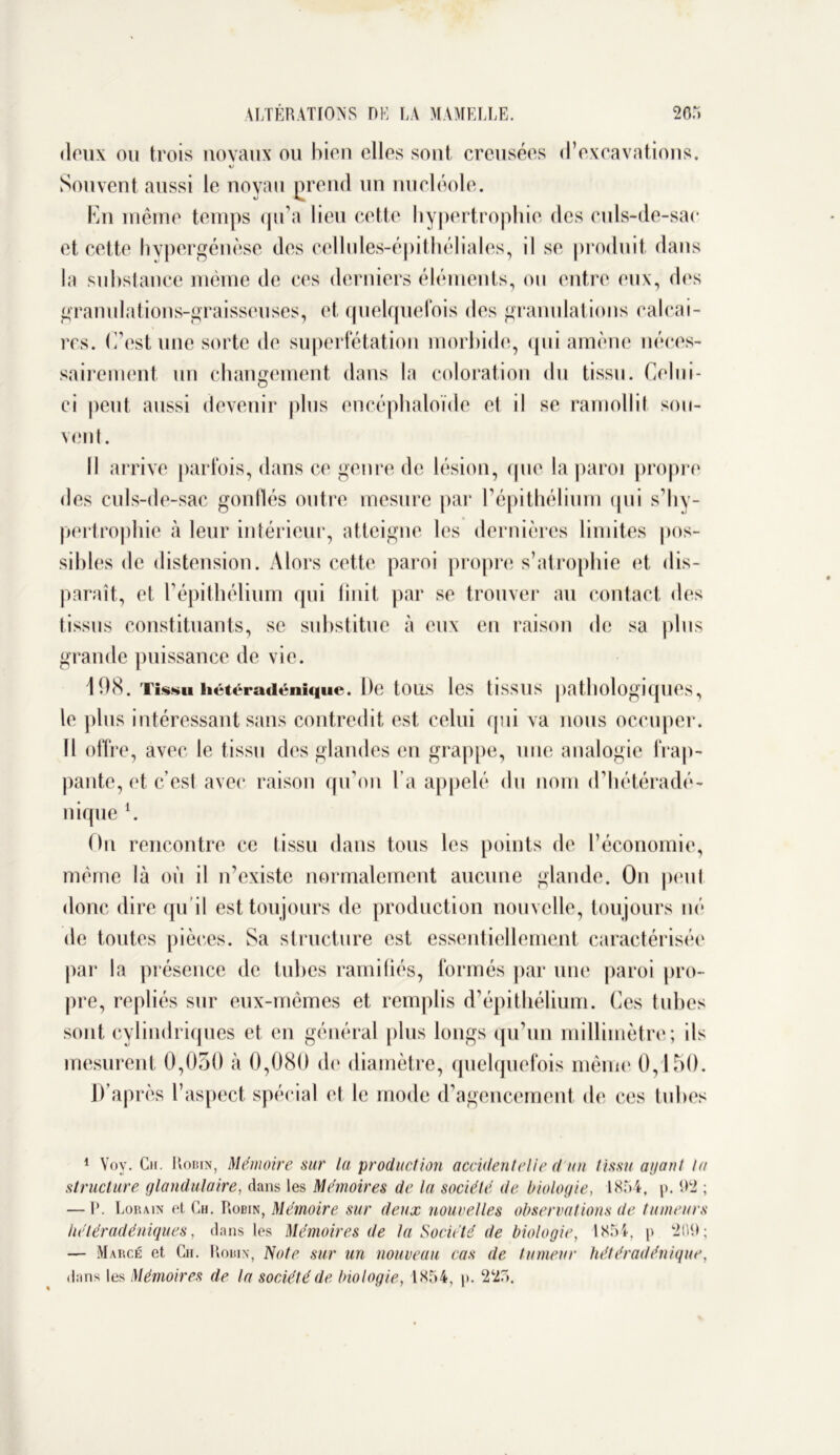 doux ou trois novaux ou bien elles sont creusées d’excavations. Souvent aussi le noyau prend un nucléole. En même temps qu’a lieu cette hypertrophie des culs-de-sac et cette hvpergénèse des cellules-épithéliales, il se produit dans la substance même de ces derniers éléments, ou entre eux, des granulations-graisseuses, et quelquefois des granulations calcai- res. (Test une sorte de superfétation morbide, qui amène néces- sairement un changement dans la coloration du tissu. Celui- ci peut aussi devenir plus encéphaloïde et il se ramollit sou- vent. Il arrive parfois, dans ce genre de lésion, que la paroi propre des culs-de-sac gonflés outre mesure par l’épithélium qui s’hy- pertrophie à leur intérieur, atteigne les dernières limites pos- sibles de distension. Alors cette paroi propre s’atrophie et dis- paraît, et l’épithélium qui finit par se trouver au contact des tissus constituants, se substitue à eux en raison de sa plus grande puissance de vie. 108. Tissu hétéradénique. De tOUS les tissus pathologiques, le plus intéressant sans contredit est celui qui va nous occuper. 11 offre, avec le tissu des glandes en grappe, une analogie frap- pante, et c’est avec raison qu’on l’a appelé du nom d’hétéradé- nique 1 * * 4. On rencontre ce tissu dans tous les points de l’économie, même là où il n’existe normalement aucune glande. On peut donc dire qu'il est toujours de production nouvelle, toujours né de toutes pièces. Sa structure est essentiellement caractérisée par la présence de tubes ramifiés, formés par une paroi pro- pre, repliés sur eux-mêmes et remplis d’épithélium. Ces tubes sont cylindriques et en général plus longs qu’un millimètre; ils mesurent 0,050 à 0,080 de diamètre, quelquefois même 0,150. D’après l’aspect spécial et le mode d’agencement de ces tubes 1 Vov. Ctr. Robin, Mémoire sur la production accidentelle d un tissu aganl la structure glandulaire, dans les Mémoires de la société de biologie, 1854. p. 92 ; — V. Lorain et Ch. Robin, Mémoire sur deux nouvelles observations de tumeurs hétéradéniques, dans les Mémoires de la Société de biologie, 1854, p 209; — Marge et Ch. Robin, Note sur un nouveau cas de tumeur hétéradénique, dans les Mémoires de la société de biologie, 1854, p. 225.