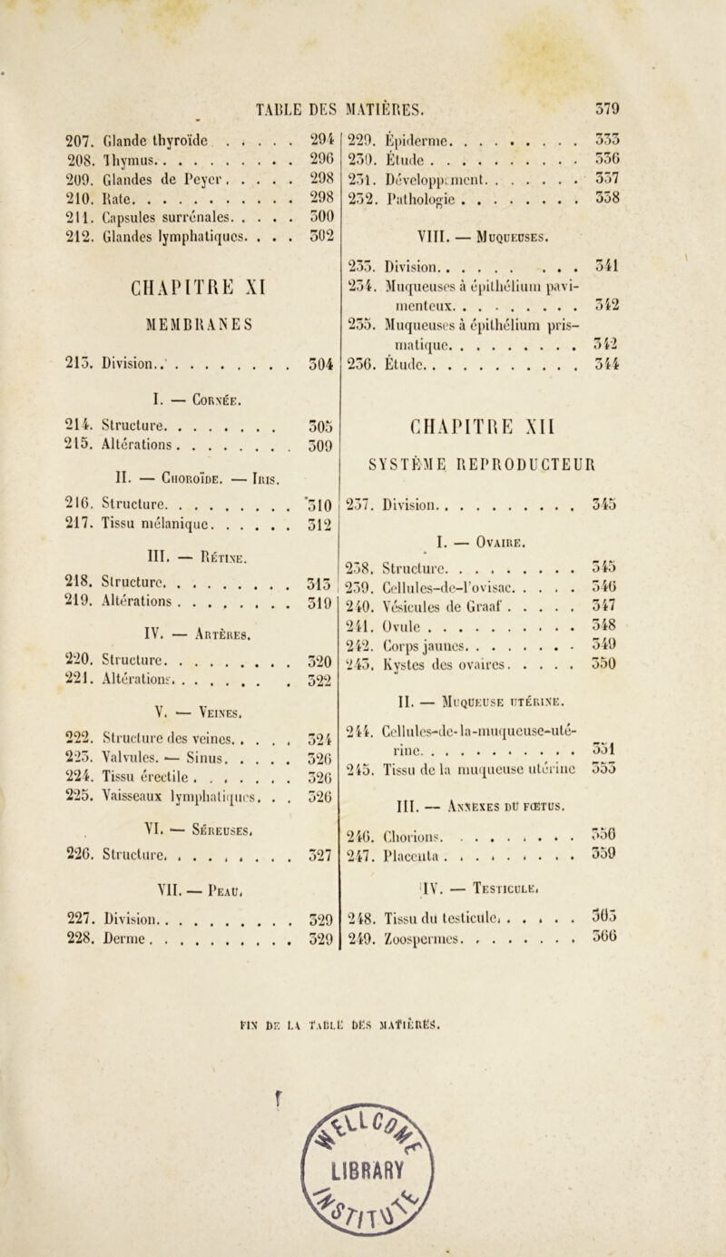 207. Glande thyroïde 294 229. Épiderme ~ ^ o7)ô 208. Thymus 290 230. Étude 336 209. Glandes de Peyer 298 231. Développe ment 337 210. Rate 298 232. Pathologie 338 211. Capsules surrénales 300 212. Glandes lymphatiques. . . . 302 VIII. — Muqueuses. 233. Division 341 CHAPITRE XI 234. Muqueuses à épithélium pavi- menteux. 342 MEMBRANES 235. Muqueuses à épithélium pris- matique 342 213. Division..' 304 230. Étude 344 I. — Cornée. 214. Structure 305 CHAPITRE XII 215. Altérations 309 SYSTÈME REPRODUCTEUR II. — Choroïde. — luis. 210. Structure ‘310 237. Division 345 217. Tissu mélanique 312 I. — Ovaire. III. — Rétine. * 238. Structure 345 218. Structure 313 239. Cellules-de-l’ovisac 340 219. Altérations 319 2 40. Vésicules de Graaf 347 241. Ovule 348 IV. — Artères. 242. Corps jaunes o49 220. Structure 320 243. Kystes des ovaires 350 221. Altérations 322 II. — Muqueuse utérine. V. — Veines. 222. Structure des veines. . 324 244. Cellulcs-dc-1 a-muqueuse-uté- 223. Valvules. — Sinus 320 rinc OJ1 224. Tissu érectile 32G 245. Tissu de la muqueuse utérine 55o 225. Vaisseaux lymphatiques. . . 320 III. — Annexes du fcetus. VI. — Séreuses. 240. Chorions 350 220. Structure. ..... 327 247. Placenta ......... 359 VII. — Peau. IV. — Testicule, 227. Division 329 248. Tissu du testicule, . . , . . 303 228. Derme 329 249. Zoospermes 300 FIN DK U ÏaDLË bËS MAtlÈRES.