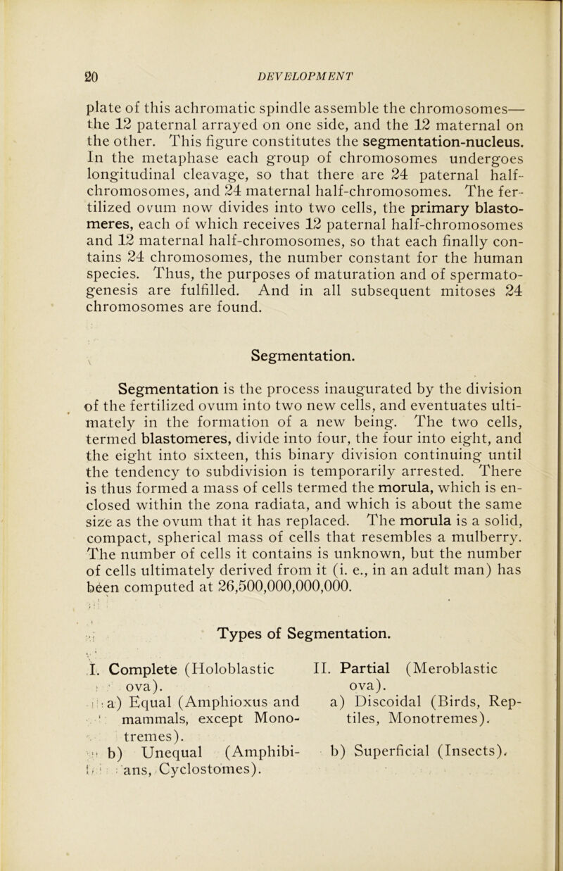 plate of this achromatic spindle assemble the chromosomes— the 12 paternal arrayed on one side, and the 12 maternal on the other. This figure constitutes the segmentation-nucleus. In the metaphase each group of chromosomes undergoes longitudinal cleavage, so that there are 24 paternal half- chromosomes, and 24 maternal half-chromosomes. The fer- tilized ovum now divides into two cells, the primary blasto- meres, each of which receives 12 paternal half-chromosomes and 12 maternal half-chromosomes, so that each finally con- tains 24 chromosomes, the number constant for the human species. Thus, the purposes of maturation and of spermato- genesis are fulfilled. And in all subsequent mitoses 24 chromosomes are found. Segmentation. Segmentation is the process inaugurated by the division of the fertilized ovum into two new cells, and eventuates ulti- mately in the formation of a new being. The two cells, termed blastomeres, divide into four, the four into eight, and the eight into sixteen, this binary division continuing until the tendency to subdivision is temporarily arrested. There is thus formed a mass of cells termed the morula, which is en- closed within the zona radiata, and which is about the same size as the ovum that it has replaced. The morula is a solid, compact, spherical mass of cells that resembles a mulberry. The number of cells it contains is unknown, but the number of cells ultimately derived from it (i. e., in an adult man) has been computed at 26,500,000,000,000. i • Types of Segmentation. T. Complete (Holoblastic • ova). • ha) Equal (Amphioxus and 1 mammals, except Mono- tremes). - b) Unequal (Amphibi- t'.-T ; ans, Cyclostomes). II. Partial (Meroblastic ova). a) Discoidal (Birds, Rep tiles, Monotremes). b) Superficial (Insects),