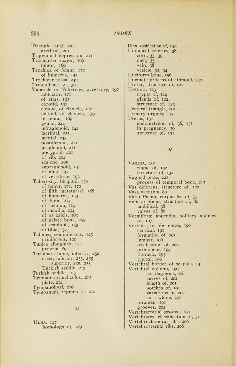 Triangle, anal, 201 urethral, 201 Trigeminal depression, 211 Trochanter major, 169 minor, 169 Trochlea of femur, 172 of humerus, 145 Trochlear fossa, 242 Trophoblast, 21, 32 Tubercle or Tubercles, accessory, 197 adductor, 171 of atlas, 193 carotid, 192 conoid, of clavicle, 140 deltoid, of clavicle, 139 of femur, 169 genial, 244 infraglenoid, 142 lacrimal, 235 mental, 243 postglenoid, 211 preglenoid, 211 pterygoid, 221 of rib, 204 scalene, 205 supraglenoid, 142 of ulna, 147 of vertebrae, 192 Tuberosity, bicipital, 150 of femur, 171, 172 of fifth metatarsal, 188 of humerus, 144 of ilium, 163 of ischium, 164 of maxilla, 234 of os calcis, 183 of palate bone, 255 of scaphoid, 153 of tibia, 174 Tubules, seminiferous, 125 uriniferous, 120 Tunica albuginea, 124 propria, 89 Turbinate bone, inferior, 252 crest, inferior, 235, 255 superior, 235, 255 Turkish saddle, 217 Turkish saddle, 217 Tympanic canaliculus, 213 plate, 214 Tympanohyal, 216 Tympanum, tegmen of, 212 U Ulna, 147 homology of, 149 Ulna, ossification of, 149 Umbilical arteries, 38 cord, 33, 39 duct, 33 vein, 38 vesicle, 33, 34 Unciform bone, 156 Uncinate process of ethmoid, 232 Ureter, structure of, 122 Urethra, 123 crypts of, 124 glands of, 124 structure of, 123 Urethral triangle, 201 Urinary organs, 117 Uterus, 131 endometrium of, 36, 131 in pregnancy, 39 structure of, 131 V Vagina, 132 rugae of, 132 structure of, 132 Vaginal plate, 221 process of temporal bone, 213 Vas deferens, structure of, 127 Vasa vasorum, 80 Vater-Pacini, corpuscles of, 77 Vein or Veins, structure of, 80 umbilical, 38 valves of, 80 Vermiform appendix, solitary nodules of, 107 Vertebra or Vertebrae, 190 cervical, 191 formation of, 201 lumbar, 196 ossification of, 202 prominens, 194 thoracic, 195 typical, 190 Vertebral border of scapula, 142 Vertebral column, 190 cartilaginous, 26 curves of, 202 length of, 201 notches of, 191 variations in, 202 as a whole, 201 foramen, 191 grooves, 202 Vertebrarterial groove, 193 Vertebrates, classification of, 31 Vertebrochondral ribs, 206 Vertebrosternal ribs, 206