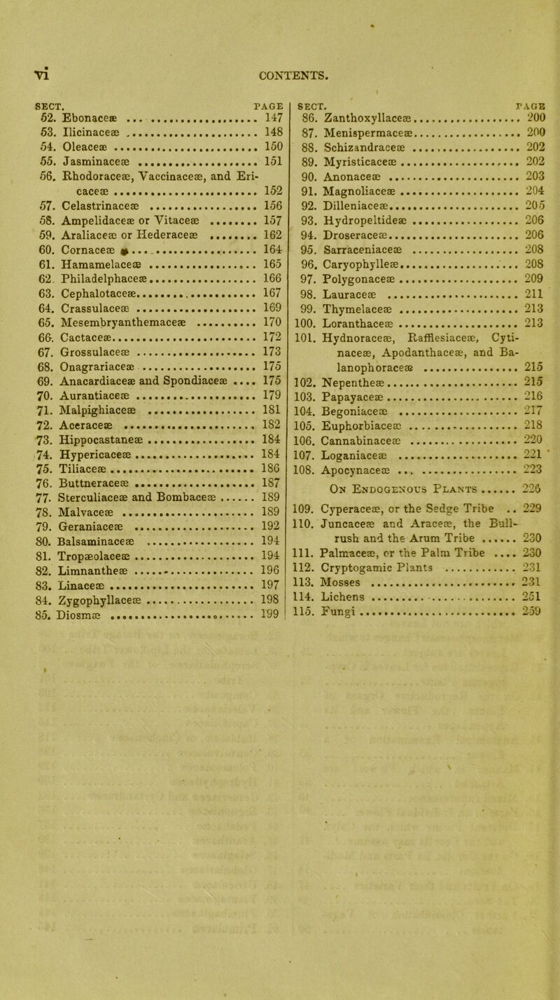 SECT. PAGE 62. Ebonacete ... 147 63. Ilicinaceae 148 64. Oleacese 150 66. Jasminaceae 151 56. Rhodoraceae, Vacciaacese, and Eri- caceae 152 67. Celastrinaceae 156 58. Ampelidaceae or Vitaceae 157 59. Araliaceac or Hederaceae 162 60. Cornaceae » 164 61. Hamamelaceae 165 62. Philadelphaceae 166 63. Cephalotaceae 167 64. Crassulaceae 169 65. Mesembryanthemaceae 170 66. Cactaceas 172 67. Grossulaceae 173 68. Onagrariaceae 175 69. Anacardiaceae and Spondiaceae .... 175 70. Aurantiaceae 179 71. Malpighiaceae 181 72. Aceraceae 182 73. Hippocastaneae 184 174. Hypericaceae 184 75. Tiliaceae 186 76. Buttneraceae 187 77. Sterculiaceae and Bombaceae 189 78. Malvaceae 189 79. Geraniaceae 192 80. Balsaminaceae 194 81. Tropaeolaceae 194 82. Liranantheae 196 83. Linacece 197 84. Zygophyllaceae 198 85. Diosmae 199 SECT. PAGE 86. Zanthoxyllaceae 200 87. Menispermaceae 200 88. Schizandraceae 202 89. Myristicaceae 202 90. Anonaceae 203 91. Magnoliaceae 204 92. Dilleniaceae 205 93. Hydropeltideae 206 94. Droseraceae 206 95. Sarxaceniaceae 208 96. Caryophylleae 208 97. Polygonaceae 209 98. Lauraceae 211 99. Thymelaceae 213 100. Loranthaceae 213 101. Hydnoraceae, Pi,afflesiaceae, Cyti- naceae, Apodanthaceae, and Ba- lanophoraceae 215 102. Nepentheae 215 103. Papayaceae 216 104. Begoniaceae 217 105. Euphorbiaceac 218 106. Cannabinaceae 220 107. Loganiaceae 221 * 108. Apocynaceae 223 On Endogenous Plants 226 109. Cyperaceae, or the Sedge Tribe .. 229 110. Juncaceae and Araceae, the Bull- rush and the Arum Tribe 230 111. Palmaceae, or the Palm Tribe .... 230 112. Cryptogamic Plants 231 113. Mosses 231 114. Lichens 251 115. Fungi 259