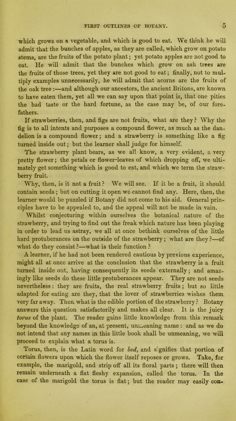 wbich grows on a vegetable, and which is good to eat. We think he will admit that the bunches of apples, as they are called, which grow on potato stems, are the fruits of the potato plant; yet potato apples are not good to eat. He will admit that the bunches which grow on ash trees are the fruits of those trees, yet they are not good to eat; finally, not to mul- tiply examples unnecessarily, he will admit that acorns are the fruits of the oak tree :—and although our ancestors, the ancient Britons, are known to have eaten them, yet all we can say upon that point is, that one pities the bad taste or the hard fortune, as the case may be, of our fore- fathers. If strawberries, then, and figs are not fruits, what are they ? Why the fig is to all intents and purposes a compound flower, as much as the dan- delion is a compound flower; and a strawberry is something like a fig turned inside out; but the learner shall judge for himself. The strawberry plant bears, as we all know, a very evident, a very pretty flower; the petals or flower-leaves of which dropping oif, we ulti- mately get something which is good to eat, and which we term the straw- ben*y fruit. Why, then, is it not a fruit? We will see. If it be a fruit, it should contain seeds ; but on cutting it open we cannot find any. Here, then, the learner would be puzzled if Botany did not come to his aid. General prin- ciples have to be appealed to, and the appeal will not be made in vain. Whilst conjecturing within ourselves the botanical nature of the strawberry, and trying to find out the freak which nature has been playing in order to lead us astray, we all at once bethink ourselves of the little hard protuberances bn the outside of the strawberry; what are they —of what do they consist ?—what is their function ? A learner, if he had not been rendered cautious by previous experience, might all at once arrive at the conclusion that the strawberry is a fruit turned inside out, having consequently its seeds externally; and amaz- ingly like seeds do these little protuberances appear. They are not seeds nevertheless: they are fruits, the real strawberry fruits ; but so little adapted for eating are they, that the lover of strawberries wishes them , very far away. Then what is the edible portion of the strawberry ? Botany answers this question satisfactorily and makes all clear. It is the juicy torus of the plant. The reader gains little knowledge from this remark beyond the knowledge of an, at present, uniAeaning name : and as we do not intend that any names in this little book shall be unmeaning, we will proceed to explain what a torus is. Torus, then, is the Latin word for hed^ and signifies that portion of certain flowers upon which the flower itself reposes or grows. Take, for example, the marigold, and strip off all its floral parts ; there will then remain underneath a flat fleshy expansion, called the torus. In the case of the marigold the torus is flat; but the reader may easily con-