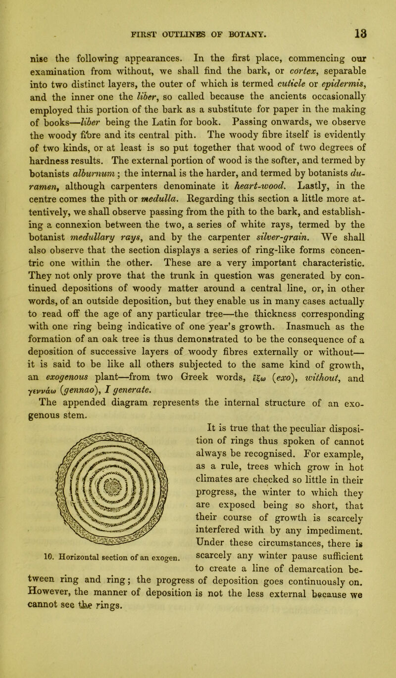 nise the following appearances. In the first place, commencing our examination from without, we shall find the bark, or cortex, separable into two distinct layers, the outer of which is termed cuticle or epidermis, and the inner one the liber, so called because the ancients occasionally employed this portion of the bark as a substitute for paper in the making of books—liber being the Latin for book. Passing onwards, we observe the woody fibre and its central pith. The woody fibre itself is evidently of two kinds, or at least is so put together that wood of two degrees of hardness results. The external portion of wood is the softer, and termed by botanists alburnum; the internal is the harder, and termed by botanists du- ramen, although carpenters denominate it heart-wood. Lastly, in the centre comes the pith or medulla. Regarding this section a little more at- tentively, we shall observe passing from the pith to the bark, and establish- ing a connexion between the two, a series of white rays, termed by the botanist medullary rays, and by the carpenter silver-grain. We shall also observe that the section displays a series of ring-like forms concen- tric one within the other. These are a very important characteristic. They not only prove that the trunk in question was generated by con- tinued depositions of woody matter around a central line, or, in other words, of an outside deposition, but they enable us in many cases actually to read off the age of any particular tree—the thickness corresponding with one ring being indicative of one year’s growth. Inasmuch as the formation of an oak tree is thus demonstrated to be the consequence of a deposition of successive layers of woody fibres externally or without— it is said to be like all others subjected to the same kind of growth, an exogenous plant—from two Greek words, e'Cw {exo'), ivithout, and yivvao) {gennao), I generate. The appended diagram represents the internal structure of an exo- genous stem. It is true that the peculiar disposi- tion of rings thus spoken of cannot always be recognised. For example, as a rule, trees which grow in hot climates are checked so little in their progress, the winter to which they are exposed being so short, that their course of growth is scarcely interfered with by any impediment. Under these circumstances, there is IG. Horizontal section of an exogen. scarcely any winter pause sufficient to create a line of demarcation be- tween ring and ring; the progress of deposition goes continuously on. However, the manner of deposition is not the less external because we cannot see the rings.