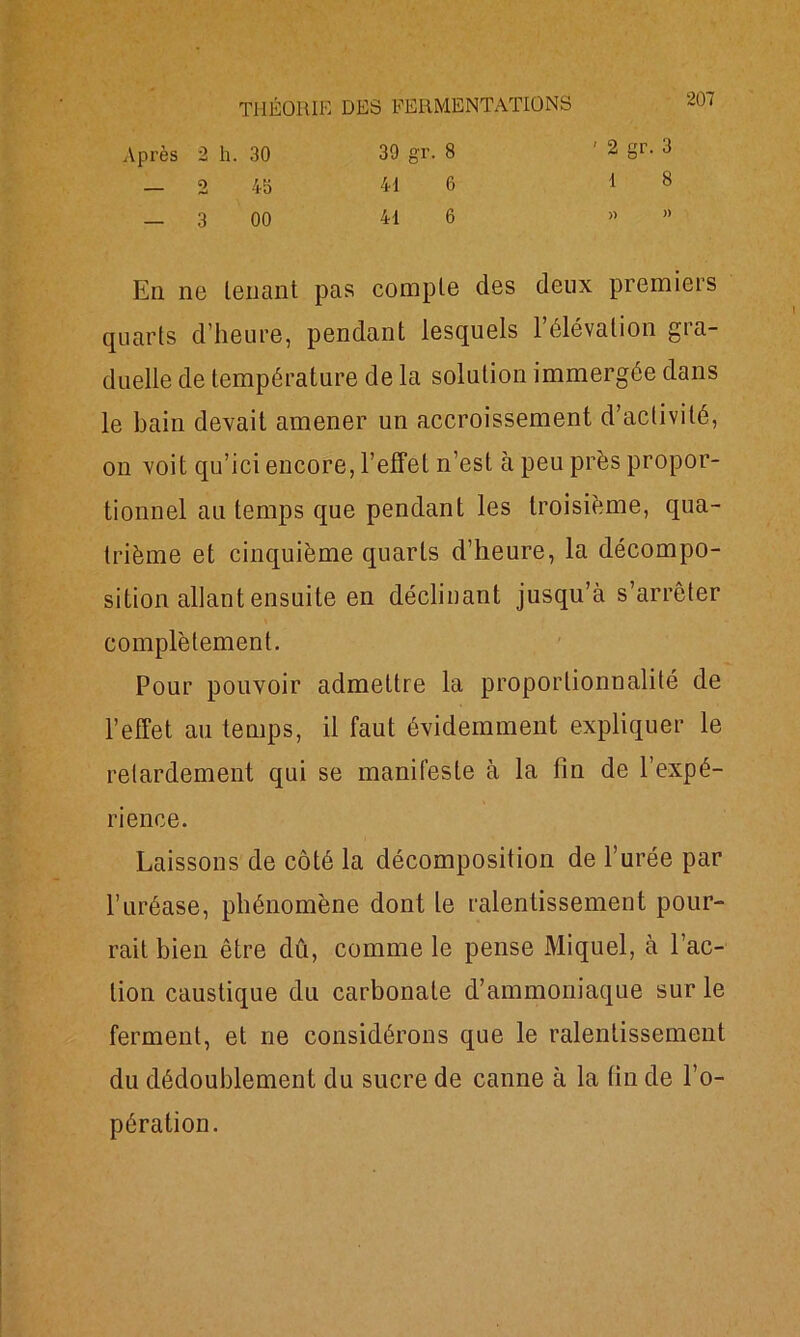 Après 2 h. 30 — 2 4b — 3 00 39 gr. 8 41 6 41 6 ' 2 gr. 3 1 8 )) En ne tenant pas compte des deux premiers quarts d’heure, pendant lesquels l’élévation gra- duelle de température de la solution immergée dans le bain devait amener un accroissement d’activité, on voit qu’ici encore, l’effet n’est à peu près propor- tionnel au temps que pendant les troisième, qua- trième et cinquième quarts d’heure, la décompo- sition allant ensuite en déclinant jusqu’à s’arrêter complètement. Pour pouvoir admettre la proportionnalité de l’effet au temps, il faut évidemment expliquer le retardement qui se manifeste à la fin de l’expé- rience. Laissons de côté la décomposition de l’urée par l’uréase, phénomène dont le ralentissement pour- rait bien être dû, comme le pense Miquel, à l’ac- tion caustique du carbonate d’ammoniaque sur le ferment, et rie considérons que le ralentissement du dédoublement du sucre de canne à la tin de l’o- pération.