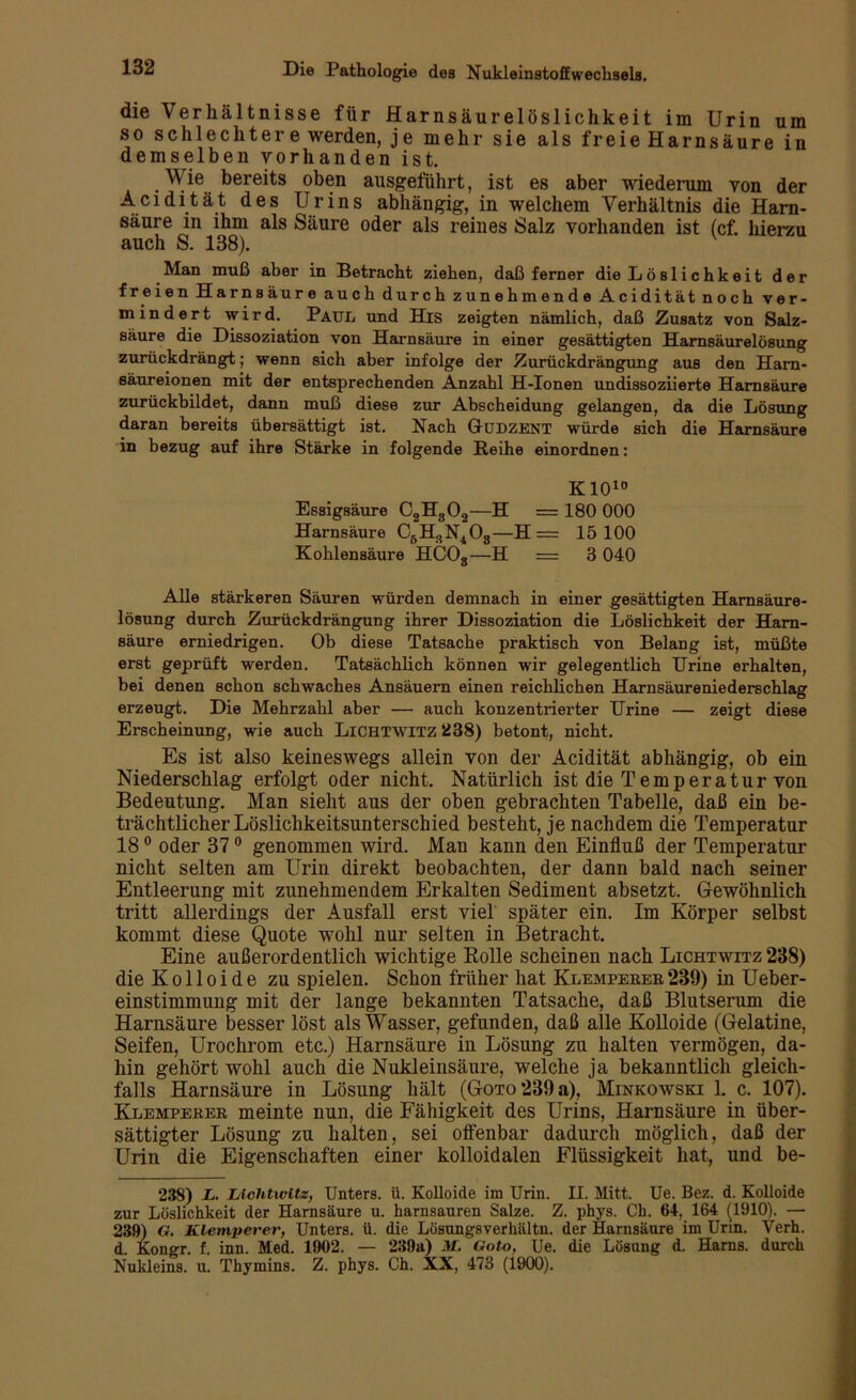 die Verhältnisse für Harnsäurelöslichkeit im Urin um so schlechtere werden, je mehr sie als freieHarnsäure in demselben vorhanden ist. Wie bereits oben ausgeführt, ist es aber wiederum von der Acidität des Urins abhängig, in welchem Verhältnis die Harn- säure in ihm als Säure oder als reines Salz vorhanden ist (cf. hierzu auch S. 138). Man muß aber in Betracht ziehen, daß ferner die Löslichkeit der freien Harnsäure auch durch zunehmende Acidität noch ver- mindert wird. Paul und His zeigten nämlich, daß Zusatz von Salz- säure die Dissoziation von Harnsäure in einer gesättigten Hamsäurelösung zurückdrängt; wenn sich aber infolge der Zurückdrängung aus den Ham- säureionen mit der entsprechenden Anzahl H-Ionen undissoziierte Harnsäure zurückbildet, dann muß diese zur Abscheidung gelangen, da die Lösung daran bereits übersättigt ist. Nach GüDZENT würde sich die Harnsäure in bezug auf ihre Stärke in folgende Reihe einordnen: K1010 Essigsäure C2H802—H = 180 000 Harnsäure C6H3N408—H= 15 100 Kohlensäure HCOs—H = 3 040 Alle stärkeren Säuren würden demnach in einer gesättigten Harnsäure- lösung durch Zurückdrängung ihrer Dissoziation die Löslichkeit der Harn- säure erniedrigen. Ob diese Tatsache praktisch von Belang ist, müßte erst geprüft wex-den. Tatsächlich können wir gelegentlich Urine erhalten, bei denen schon schwaches Ansäuern einen reichlichen Harnsäureniederschlag erzeugt. Die Mehrzahl aber — auch konzentrierter Urine — zeigt diese Erscheinung, wie auch LlCHTWITZ 238) betont, nicht. Es ist also keineswegs allein von der Acidität abhängig, ob ein Niederschlag erfolgt oder nicht. Natürlich ist die Temperatur von Bedeutung. Man sieht aus der oben gebrachten Tabelle, daß ein be- trächtlicher Löslichkeitsunterschied besteht, je nachdem die Temperatur 18 0 oder 370 genommen wird. Man kann den Einfluß der Temperatur nicht selten am Urin direkt beobachten, der dann bald nach seiner Entleerung mit zunehmendem Erkalten Sediment absetzt. Gewöhnlich tritt allerdings der Ausfall erst viel später ein. Im Körper selbst kommt diese Quote wohl nur selten in Betracht. Eine außerordentlich wichtige Rolle scheinen nach Lichtwitz 238) die Kolloide zu spielen. Schon früher hat Klemperer239) in Ueber- einstimmung mit der lange bekannten Tatsache, daß Blutserum die Harnsäure besser löst als Wasser, gefunden, daß alle Kolloide (Gelatine, Seifen, Urochrom etc.) Harnsäure in Lösung zu halten vermögen, da- hin gehört wohl auch die Nukleinsäure, welche ja bekanntlich gleich- falls Harnsäure in Lösung hält (Goto 239 a), Minkowski 1. c. 107). Klemperer meinte nun, die Fähigkeit des Urins, Harnsäure in über- sättigter Lösung zu halten, sei offenbar dadurch möglich, daß der Urin die Eigenschaften einer kolloidalen Flüssigkeit hat, und be- 238) L. Lichtwitz, Unters, ü. Kolloide im Urin. II. Mitt. Ue. Bez. d. Kolloide zur Löslichkeit der Harnsäure u. harnsauren Salze. Z. phys. Ch. 64, 164 (1910). — 239) G. Klemperer, Unters, ü. die Lösungsverhältn. der Harnsäure im Urin. Verh. d. Kongr. f. inn. Med. 1902. — 239a) M. Goto, Ue. die Lösung d. Harns, durch Nukleins, ti. Thymins. Z. phys. Ch. XX, 473 (1900).