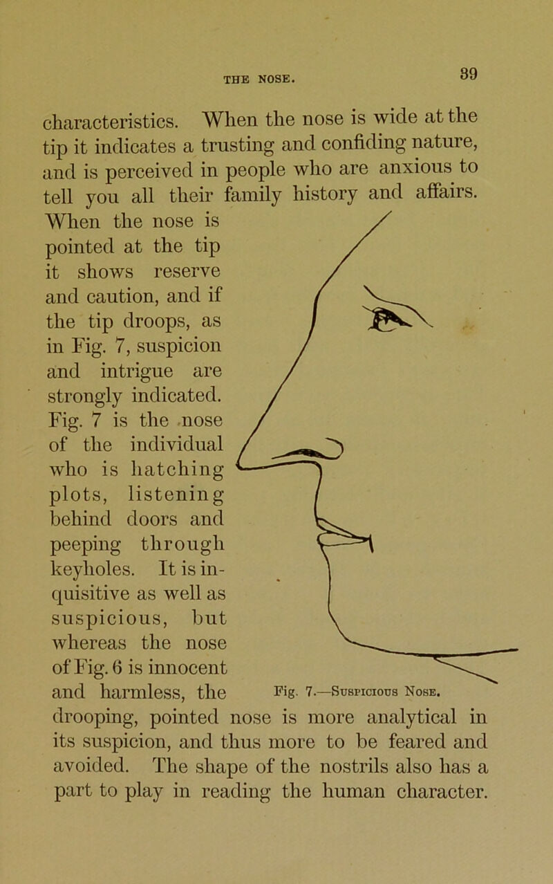 characteristics. When the nose is wide at the tip it indicates a trusting and confiding nature, and is perceived in people who are anxious to tell you all their family history and affairs. When the nose is pointed at the tip it shows reserve and caution, and if the tip droops, as in Fig. 7, suspicion and intrigue are strongly indicated. Fig. 7 is the nose of the individual who is hatching plots, listening behind doors and peeping through keyholes. It is in- quisitive as well as suspicious, but whereas the nose of Fig. 6 is innocent and harmless, the Fig- 7.—Suspicious Nose. drooping, pointed nose is more analytical in its suspicion, and thus more to be feared and avoided. The shape of the nostrils also has a part to play in reading the human character.