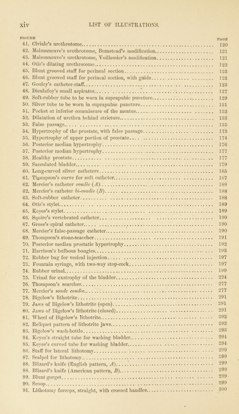 FIGURE PAGE 41. Civiale’s urethrotome 120 42. Maisonneuve’s urethrotome, Bumstcad’s modification 121 43. Maisonneuve’s urethrotome, Voillemier’s modification 121 44. Otis’s dilating urethrotome 122 45. Blunt grooved staff for perineal section 123 46. Blunt grooved staff for perineal section, with guide 123 47. Gouley’s catheter-staff 123 48. Dieulafoy’s small aspirator ^ 127 49. Soft-rubber tube to be worn in suprapubic puncture „ . 129 50. Silver tube to be worn in suprapubic puncture 131 51. Pocket at inferior commissure of the meatus 132 52. Dilatation of urethra behind stricture 133 53. False passage 155 54. Hypertrophy of the prostate, with false passage 173 55. Hypertrophy of upper portion of prostate 174 56. Posterior median hypertrophy 176 57. Posterior median hypertrophy 177 58. Healthy prostate 177 59. Sacculated bladder 179 60. Long-curved silver catheters 185 61. Thompson’s curve for soft catheter 187 62. Mcrcier’s catheter couclee (A) 188 82. Mcrcier’s catheter bi-coudee (B) 188 63. Soft-rubber catheter 188 64. Otis’s stylet 189 65. Keyes’s stylet 189 66. Squire’s vertebrated catheter 190 67. Gross’s spiral catheter 190 68. Mercier’s false-passage catheter 190 69. Thompson’s stone-searcher 191 70. Posterior median prostatic hypertrophy 192 71. Harrison’s bulbous bougies 193 72. Rubber bag for vesical injection 197 73. Fountain syringe, with two-way stop-cock 197 74. Rubber urinal 199 75. Urinal for exstrophy of the bladder 224 76. Thompson’s searcher 277 77. Mercier’s sonde coudee 277 78. Bigelow’s lithotrite 291 79. Jaws of Bigelow’s lithotrite (open) 291 80. Jaws of Bigelow’s lithotrite (closed) 291 81. Wheel of Bigelow’s lithotrite 292 82. Reliquet pattern of lithotrite jaws 292 83. Bigelow’s wash-bottle -93 84. Keyes’s straight tube for washing bladder 291 85. Keyes’s curved tube for washing bladder 294 86. Staff for lateral lithotomy 299 87. Scalpel for lithotomy 299 88. Blizard’s knife (English pattern, A) 299 88. Blizard’s knife (American pattern, B) 299 89. Blunt gorget 299 90. Scoop 299 91. Lithotomy forceps, straight, with crossed handles 300