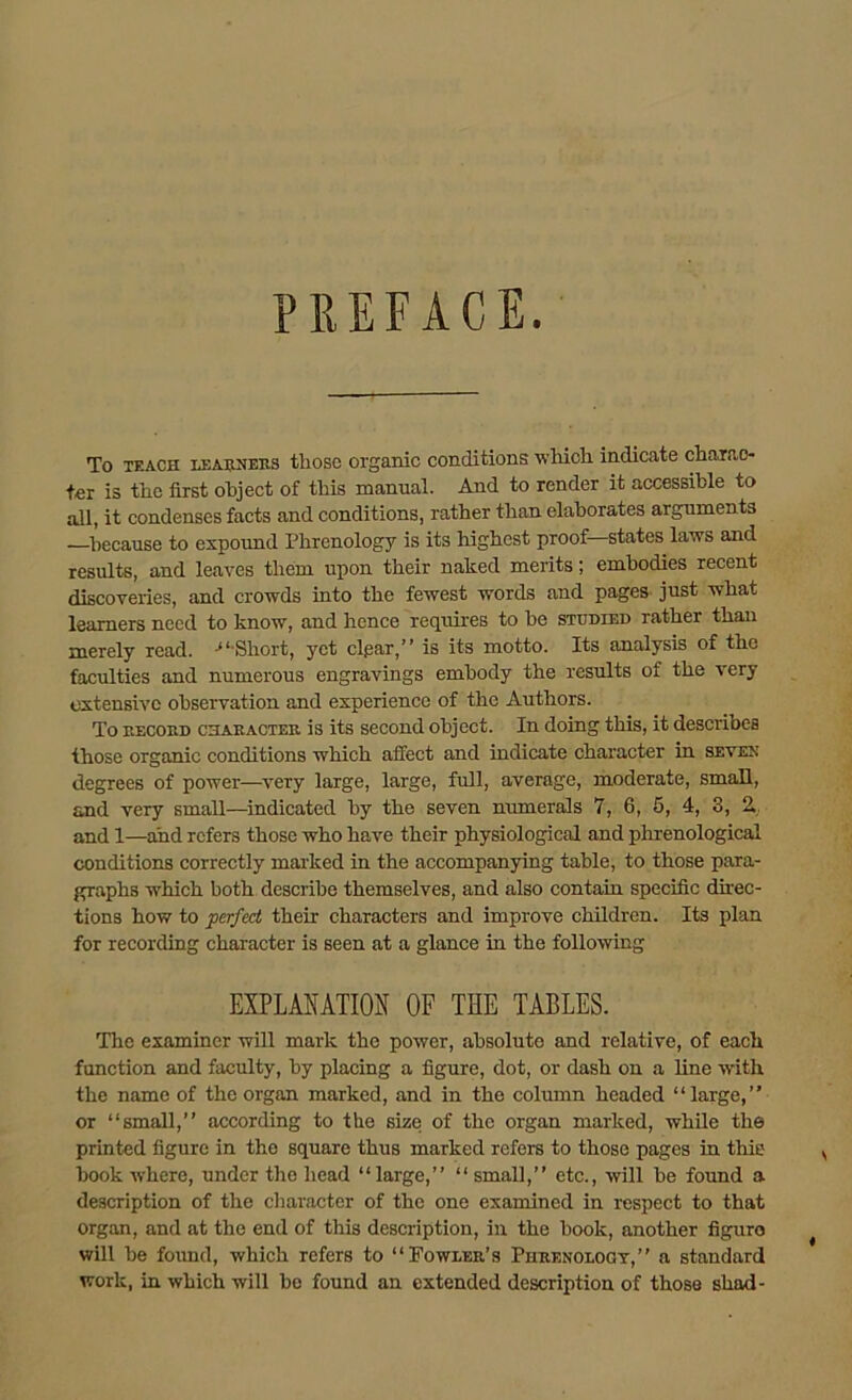 PREFACE. To teach learners tliosc organic conditions 'which indicate charac- ter is the first object of this manual. And to render it accessible to all, it condenses facts and conditions, rather than elaborates arguments —because to expound Phrenology is its highest proof states laws and results, and leaves them upon their naked merits; embodies recent discoveries, and crowds into the fewest words and pages just what learners need to know, and hence requires to he studied rather than merely read. -“ Short, yet clpar,” is its motto. Its analysis of the faculties and numerous engravings embody the results of the very extensive observation and experience of the Authors. To record character is its second object. In doing this, it describes those organic conditions which affect and indicate character in seven degrees of power—very large, large, full, average, moderate, small, and very small—indicated by the seven numerals 7, 6, 5, 4, 3, 2,, and 1—and refers those who have their physiological and phrenological conditions correctly marked in the accompanying table, to those para- graphs which both describe themselves, and also contain specific direc- tions how to perfect their characters and improve children. Its plan for recording character is seen at a glance in the following EXPLANATION OF THE TABLES. The examiner will mark the power, absolute and relative, of each function and faculty, by placing a figure, dot, or dash on a line with the name of the organ marked, and in the column headed “large,” or “small,” according to the size of the organ marked, while the printed figure in the square thus marked refers to those pages in this hook where, under the head “large,” “ small,” etc., will be found a description of the character of the one examined in respect to that organ, and at the end of this description, in the book, another figuro will be found, which refers to “Fowler’s Phrenology,” a standard work, in which will be found an extended description of those shad-