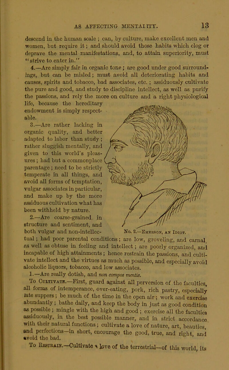 descend in tlic human scale ; can, by culture, make excellent men and women, but require it; and should avoid those habits which clog or deprave the mental manifestations, and, to attain superiority, must “ strive to enter in.” 4.—Are simply fair in organic tone; are good under good surround- ings, but can he misled; must avoid all deteriorating habits and causes, spirits and tobacco, bad associates, etc. ; assiduously cultivate tlie pure and good, and study to discipline intellect, as well as purify the passions, and rely the more on culture and a right physiological life, because the hereditary endowment is simply respect- able. 3.—Are rather lacking in organic quality, and better adapted to labor than study ; rather sluggish mentally, and given to this world’s pleas- ures ; had but a commonplace parentage ; need to be strictly temperate in all things, and avoid all forms of temptation, vulgar associates in particular, and make up by the more jissiduous cultivation what has been withheld by nature. 2.—^Are coarse-grained in structure and sentiment, and both vulgar and non-intellec- tual ; had poor parental conditions; are low, groveling, and carnal as well as obtuse in feeling and intellect; are poorly organized, and incapable of high attainments; hence restrain the passions, and culti- vate intellect and the virtues as much as possible, and especially avoid alcoholic liquors, tobacco, and low associates. 1.—Are really dotish, and non compos mentis. To CumvATB.—First, guard against all perversion of the faculties, all forms of intemperance, over-eating, pork, rich pastry, especially late suppers; be much of the time in the open air; work and exercise abundantly; bathe daily, and keep the body in just as good condition as possible; mingle with the high and good ; exercise all the faculties assiduously, in the best possible manner, and in strict accordance with their natural functions; cultivate a love of nature, art, beauties, and perfections—in short, encourage the good, true, and right and avoid the bad. ’ To Eestraxu.—Cultivate s Jove of the terrestrial—of this world, its