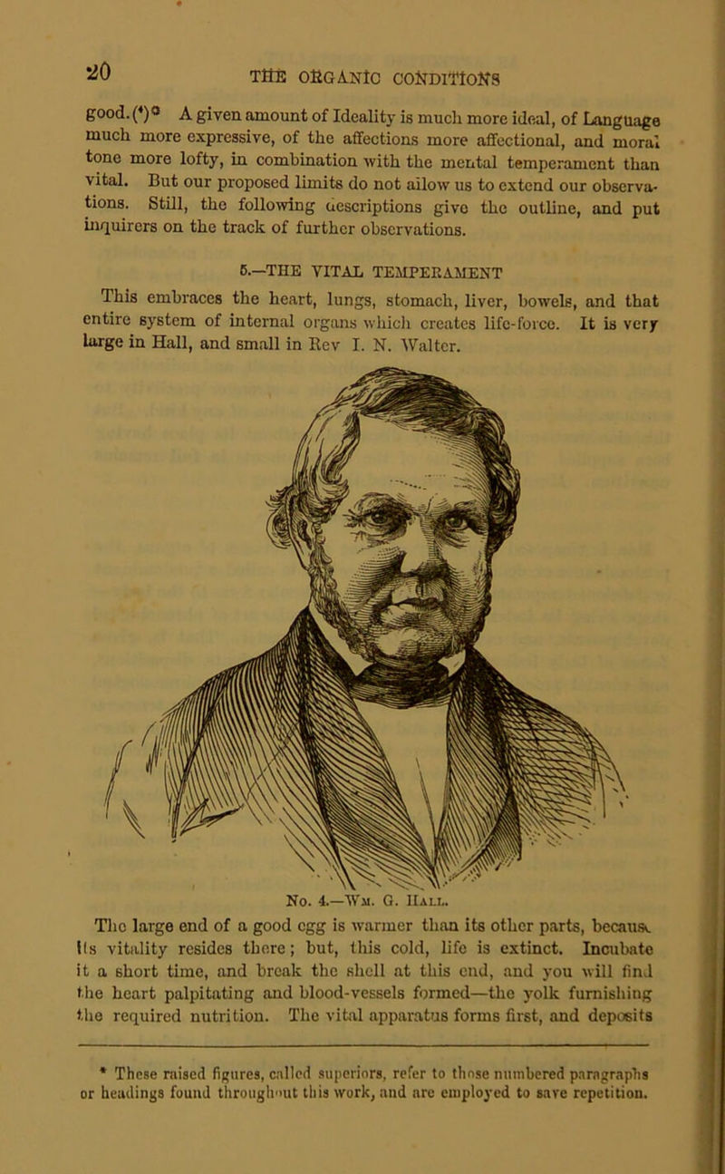 TttE OKGANtC COirDlTtONS good. (*)o A given amount of Ideality is much more ideal, of Language much more expressive, of the affections more affectional, and moral tone more lofty, in combination with the mental temperament than vital. But our proposed limits do not ailow us to extend our observa- tions. Still, the following descriptions give the outline, and put in<luirers on the track of further observations. 5.—THE VITAL TEMPERAMENT This embraces the heart, lungs, stomach, liver, bowels, and that entire system of internal organs whicli creates life-force. It is very large in Hall, and small in Rev I. N. Walter. The large end of a good egg is warmer than its other parts, becausv. Us vitality resides there; but, this cold, life is extinct. Incubate it a short time, and break the shell at this cud, and you will find the heart palpitating and blood-vessels formed—the yolk furnishing the required nutrition. The vitiil apparatus forms first, and deposits • These raised figures, c.nllcd superiors, refer to those numbered p.iragrapbs or headings found throughout this work, and are employed to save repetition.