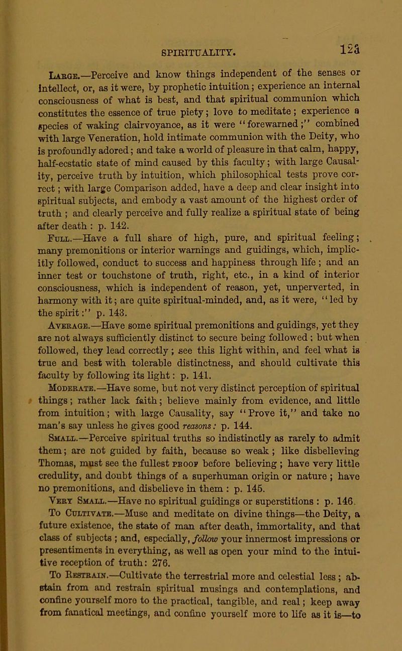 12a Labge.—Perceive and know things independent of the senses or Intellect, or, as it were, by prophetic intuition; experience an internal consciousness of what is best, and that spiritual communion which constitutes the essence of true piety; love to meditate; experience a species of waking clairvoyance, as it were “forewarned;” combined with large Veneration, hold intimate communion with the Deity, who is profoundly adored; and take a world of pleasure in that calm, happy, half-ecstatic state of mind caused by this faculty; with large Causal- ity, perceive truth by intuition, which philosophical tests prove cor- rect ; with large Comparison added, have a deep and clear insight into spiritual subjects, and embody a vast amount of the highest order of truth ; and clearly perceive and fully realize a spiritual state of being after death ; p. 142. Full.—Have a full share of high, pure, and spiritual feeling; many premonitions or interior warnings and guidings, which, implic- itly followed, conduct to success and happiness through life ; and an inner test Or touchstone of truth, right, etc., in a kind of interior consciousness, which is independent of reason, yet, unperverted, in harmony with it; are qmte spiritual-minded, and, as it were, “led by the spiritp. 143. Avekage.—Have some spiritual premonitions and guidings, yet they are not always sufficiently distinct to secure being followed: but when followed, they lead correctly ; see this light within, and feel what is true and best with tolerable distinctness, and should cultivate this faculty by following its light: p. 141. Modekate.—Have some, but not very distinct perception of spiritual things; rather lack faith; believe mainly from evidence, and little from intuition; with large Causality, say “Prove it,” and take no man’s say unless he gives good reasons: p. 144. Small.—Perceive spiritual truths so indistinctly as rarely to admit them; are not guided by faith, because so weak; like disbelieving Thomas, must see the fullest pboop before believing ; have very little credulity, and doubt things of a superhuman origin or nature ; have no premonitions, and disbelieve in them : p. 145. Vekt Small.—Have no spiritual guidings or superstitions : p. 146. To Cultivate.—Muse and meditate on divine things—the Deity, a future existence, the state of man after death, immortality, and that class of subjects ; and, especially,/oZto your innermost impressions or presentiments in everything, as well as open your mind to the intui- tive reception of truth: 276. To Kestrain.—Cultivate the terrestrial more and celestial less; ab- stain from and restrain spiritual musings and contemplations, and confine yourself more to the practical, tangible, and real; keep away from fanatical meetings, and confine yourself more to life as it is—to