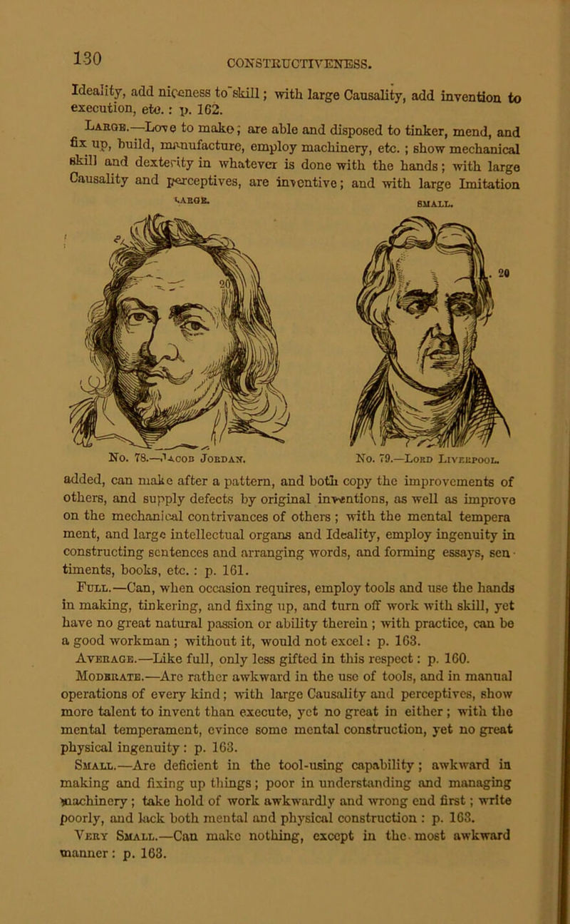 CONSTEtrCTn'ENESS. Ideality, add niwness to’sldll; with large CausaHty, add inventioa to execution, eto.: p. 162. Larqh. Lore to make; are able and disposed to tinker, mend, and fix up, build, mn-nufacture, employ machinery, etc.; show mechanical skill and dexterity in whatever is done with the hands; with large Causality and perceptives, are inventive; and with large Imitation No. 78.—i''aCOB JoEDAJf. No. 79.—Lord Liveupool. added, can make after a pattern, and both copy the improvements of others, and supply defects by original inventions, as well as improve on the mechanical contrivances of others ; with the mental tempera ment, and large intellectual organs and Ideality, employ ingenuity in constructing sentences and arranging words, and forming essays, sen ■ timents, books, etc.: p. 161. Full.—Can, when occasion requires, employ tools and use the hands in making, tinkering, and fixing up, and turn off work with skill, yet have no great natural passion or ability therein ; with practice, can be a good workman ; without it, would not excel: p. 163. Average.—Like full, only less gifted in this respect: p. 160. Modbratb.—^Are rather awkward in the use of tools, and in manual operations of every kind; with large Causality and perceptives, show more talent to invent than execute, yet no great in either; with the mental temperament, evince some mental construction, yet no great physical ingenuity: p. 163. Small.—Are deficient in the tool-using capability; awkward in making and fixing up things; poor in understanding and managing machinery; take hold of work awkwardly and wrong end first; write poorly, and kvck both mental and physical construction : p. 163. Very Small.—Can make nothing, except in the - most awkward manner: p. 163.