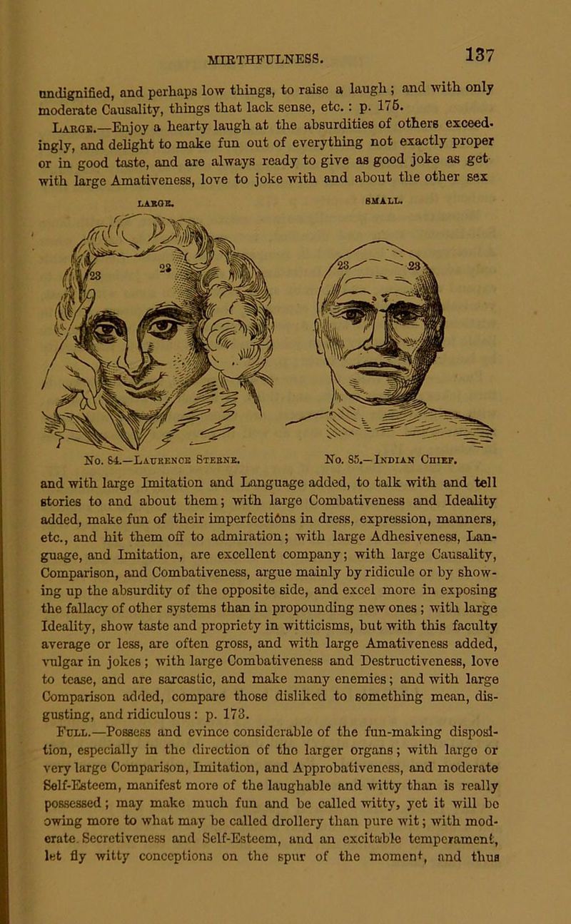MTETHFULNESS. undignified, and perhaps low things, to raise a laugh; and with only moderate Causality, things that lack sense, etc.: p. 176. Largb. Enjoy a hearty laugh at the absurdities of others exceed- ingly, and delight to make fun out of everything not exactly proper or in good taste, and are always ready to give as good joke as get with large Amativeness, love to joke with and about the other sex LASOB. SHALL. No. 84.—Laurence Steene, No. 85.—Indian Chief. and with large Imitation and Language added, to talk with and tell stories to and about them; with large Combativeness and Ideality added, make fun of their imperfecti6ns in dress, expression, manners, etc., and hit them off to admiration; with large Adhesiveness, Lan- guage, and Imitation, are excellent company; with large Causality, Comparison, and Combativeness, argue mainly by ridicule or by show- ing up the absurdity of the opposite side, and excel more in exposing the fallacy of other systems than in propounding new ones; with large Ideality, show taste and propriety in witticisms, but with this faculty average or less, are often gross, and with large Amativeness added, vulgar in jokes; with large Combativeness and Destructiveness, love to tease, and are sarcastic, and make many enemies; and with large Comparison added, compare those disliked to something mean, dis- gusting, and ridiculous: p. 173. Full.—Possess and evince considerable of the fun-making disposi- tion, especially in the direction of tho larger organs; with largo or very large Comparison, Imitation, and Approbativencss, and moderate Self-Esteem, manifest more of the laughable and witty than is really pos.sessed; may make much fun and be called witty, yet it will be owing more to what may be called drollery than pure wit; with mod- erate. Secrotiveness and Self-Esteem, and an excitable temperamenf;, let fly witty conceptions on the spur of the moment, and thus