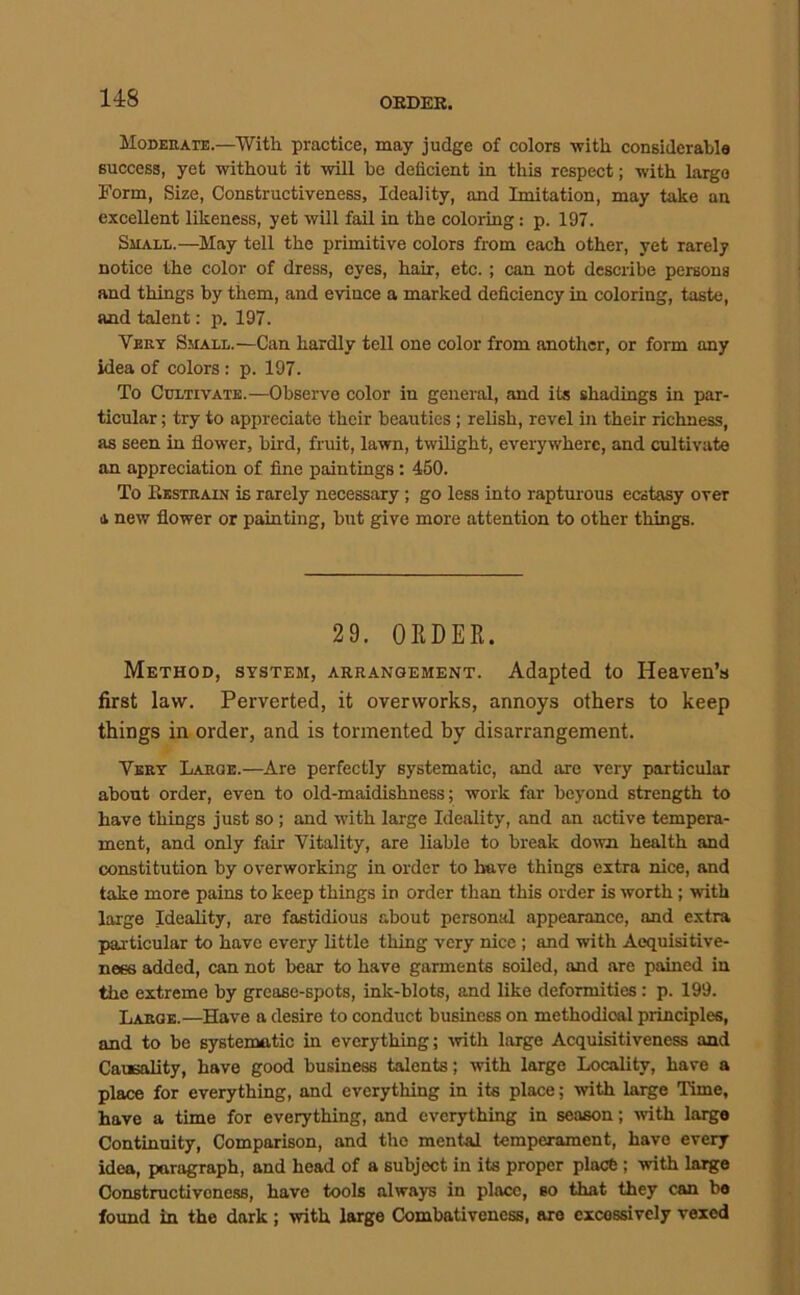 14:8 Modeuate.—^With practice, may judge of colors -with considerable success, yet without it will bo deficient in this respect; with largo Form, Size, Constructiveness, Ideality, and Imitation, may take an excellent likeness, yet will fail in the coloring: p. 197. Shale.—May tell the primitive colors from each other, yet rarely notice the color of dress, eyes, hair, etc.; can not describe persona and things by them, and evince a marked deficiency in coloring, taste, and talent: p. 197. Very Small.—Can hardly tell one color from another, or form any idea of colors : p. 197. To Cultivate.—Observe color in general, and its shadings in par- ticular ; try to appreciate their beauties ; relish, revel in their richness, as seen in flower, bird, fruit, lawn, twilight, everywhere, and cultivate an appreciation of fine paintings: 460. To Kestraie is rarely necessary; go less into rapturous ecstasy over a new flower or painting, but give more attention to other things. 29. ORDER. Method, system, arrangement. Adapted to Heaven’s first law. Perverted, it overworks, annoys others to keep things in order, and is tormented by disarrangement. Vert Large.—Are perfectly systematic, and are very particular about order, even to old-maidishness; work far beyond strength to have things just so ; and with large Ideality, and an active tempera- ment, and only fair Vitality, are liable to break down health and constitution by overworking in order to have things extra nice, and take more pains to keep things in order than this order is worth; with large Ideality, are fastidious about personal appearance, and extra particular to have every little thing very nice ; and with Acquisitive- ness added, can not bear to have garments soiled, and are pained in the extreme by grease-spots, ink-blots, and like deformities: p. 199. Large.—Have a desire to conduct business on methodical principles, and to be systenaatic in everything; mth large Acquisitiveness and Causality, have good business talents; with large Locality, have a place for everything, and everything in its place; with large Time, have a time for everything, and everything in season; with largo Continuity, Comparison, and the mental temperament, have every idea, paragraph, and head of a subject in its proper place; with large Constructivoness, have tools always in place, so that they can bo found in the dark; with large Combativeness, are excessively vexed