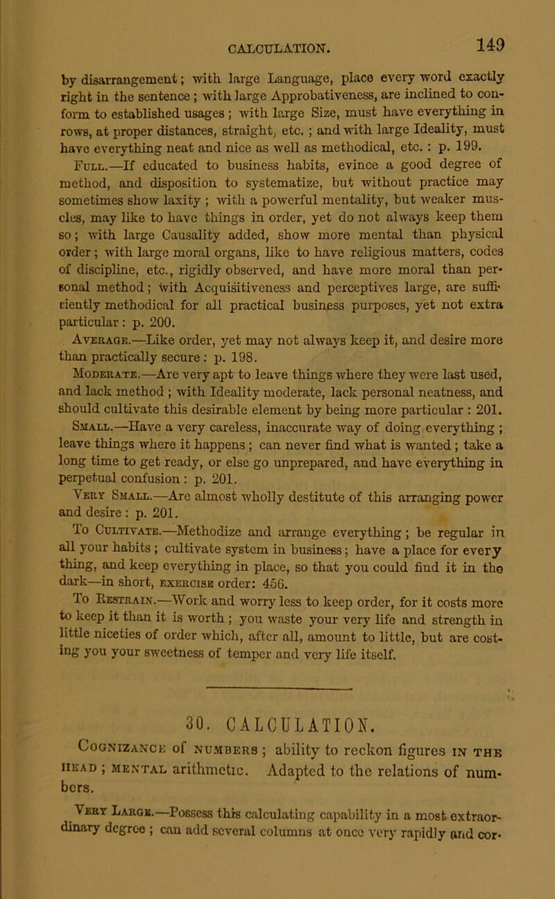 by disarrangement; with large Language, place every word exactly right in the sentence; with large Approbativeness, are inclined to con- fonn to established usages; with large Size, must have everything in rows, at proper distances, straight, etc.; and with large Ideality, must have everything neat and nice as well as methodical, etc.: p. 199. Full.—If educated to business habits, evince a good degree of method, and disposition to systematize, but without practice may sometimes show laxity ; with a powerful mentality, but weaker mus- cles, may like to have things in order, yet do not always keep them so; with large Causality added, show more mental than physical order; with large moral organs, like to have religious matters, codes of discipline, etc., rigidly observed, and have more moral than per- sonal method; with Acquisitiveness and percept!ves large, are sutB.- ciently methodical for all practical business purposes, yet not extra particular: p. 200. Average.—Like order, yet may not always keep it, and desire more than practically secure : jr. 198. Moeerate.—^Are very apt to leave things where they were last used, and lack method ; with Ideality moderate, lack personal neatness, and should cultivate this desirable element by being more particular : 201. Small.—Have a very careless, inaccurate way of doing everything ; leave things where it happens; can never find what is wanted; take a long time to get ready, or else go unprepared, and have everything in perpetual confusion: p. 201. Very Small.—Are almost wholly destitute of this arranging power and desire: p. 201. To Cultivate.—^Methodize and turrauge everything; be regular in all your habits; cultivate system in business; have a place for every thing, and keep everything in place, so that you could find it in the dark—in .short, exercise order: 456. To Kestrain.—Work and worry less to keep order, for it costs more to keep it than it is worth; you waste your very life and strength in little niceties of order which, after all, amount to little, but are cost- ing you your sweetness of temper and very life itself. 30. CALCULATION. Cognizance of nu.mbers ; ability to reckon figures in the head ; MENTAL arithmetic. Adapted to the relations of num- bers. Vert Large.—Possess this calculating capability in a most extraor- dinary degree ; can add several columns at onco very rapidly and cor-
