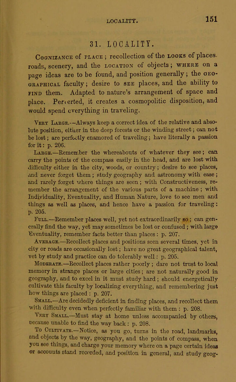 LOCALITY. 31. LOCALITY. Cognizance of place ; recollection of tlie looks of places, roads, scenery, and the location of objects; where on a page ideas are to be found, and position generally; the geo- graphical faculty; desire to see places, and the ability to find them. Adapted to nature’s arrangement of space and place. Perverted, it creates a cosmopolitic disposition, and would spend everything in traveling. Vert Large.—Always keep a correct idea of the relative and abso- lute position, either in the deep forests or the winding street; can not he lost; are perfectly enamored of traveling; have literally a passion for it: p. 206. Large.—Eemercher the whereabouts of whatever they see; can carry the points of the compass easily in the head, and are lost with difficulty either in the city, woods, or country; desire to see places, and never forget them ; study geography and astronomy with ease ; and rarely forget \7here things are seen; with Constructiveness, re- member the arrangement of the various parts of a machine ; witli Individuality, Eventuality, and Human Nature, love to see men and things as well as places, and hence have a passion for traveling: p. 205. Full.—Eememher places well, yet not extraordinarily so; can gen- erally find the way, yet may sometimes be lost or confused; with large Eventu^ty, remember facts better than places : p. 207. Average.—Eecollect places and positions seen several times, yet in city or roads are occasionally lost; have no great geographical talent, vet by study and practice can do tolerably well: p. 205. Moderate.—Eecollect places rather poorly ; dare not trust to local memory in strange places or large cities; are not naturaUy good in geography, and to excel in it must study hard; should energetically cultivate this faculty by localizing everything, and remembering just how things are placed ; p. 207. Small.—Are decidedly deficient in finding places, and recollect them with difficulty even when perfectly familiar with them : p. 208. Very Small.—Must stay at home unless accompanied by others, Dccause unable to find the way back : p. 208. To Cultivate.—Notice, as you go, turns in the load, landmarks, and objects by the way, geography, and the points of compass, when you see things, and charge your memory where on a page certain ideas or accounts stand rccvirded, .and position in general, and study geog-