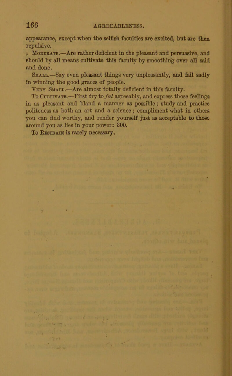 appearance, except when the Belfish faculties are excited, but are then repulsive. M Modeeate.—Are rather deficient in the pleasant and persuasive, and should by all means cultivate this faculty by smoothing over all said and done. Small.—Say even pleasant things very impleasantly, and fdl sadly in winning the good graces of people. Veey Small.—Are almost totally deficient in this faculty. To Cultivate.—First try io fed agreeably, and express those feelings in as pleasant and bland a manner as possible; study and practice politeness as both an art and a science; compliment what in others you can find worthy, and render yourself just as acceptable to those around you as lies in your power: 300. To Kestbain is rarely necessary.