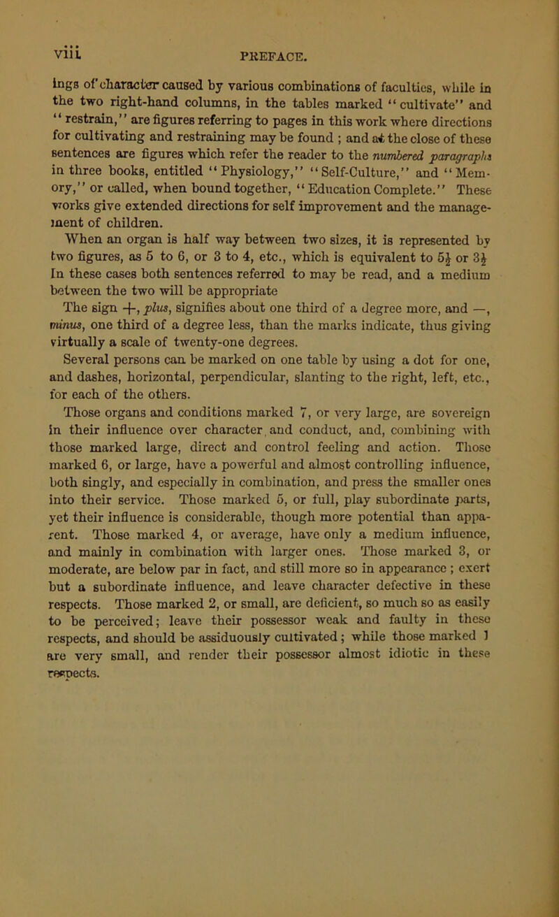 Ings of character caused by various combinations of faculties, while in the two right-hand columns, in the tables marked “cultivate” and ' * restrain, ’ ’ are figures referring to pages in this work where directions for cultivating and restraining may be found ; and a* the close of these sentences are figures which refer the reader to the numbered paragraph in three books, entitled “Physiology,” “Self-Culture,” and “Mem- ory,” or called, when bound together, “ Education Complete.” These works give extended directions for self improvement and the manage- ment of children. When an organ is half way between two sizes, it is represented by two figures, as 5 to 6, or 3 to 4, etc., which is equivalent to 5J or 3J In these cases both sentences referred to may be read, and a medium between the two will be appropriate The sign -fplus, signifies about one third of a degree more, and —, minus, one third of a degree less, than the marks indicate, thus giving virtually a scale of twenty-one degrees. Several persons can be marked on one table by using a dot for one, and dashes, horizontal, perpendicular, slanting to the right, left, etc., for each of the others. Those organs and conditions marked 7, or very large, are sovereign in their influence over character, and conduct, and, combining with those marked large, direct and control feeling and action. Those marked 6, or large, have a powerful and almost controlling influence, both singly, and especially in combination, and press the smaller ones into their service. Those marked 5, or full, play subordinate parts, yet their influence is considerable, though more potential than appa- rent. Those marked 4, or average, have only a medium influence, and mainly in combination with larger ones. Those marked 3, or moderate, are below par in fact, and still more so in appearance ; exert but a subordinate influence, and leave character defective in these respects. Those marked 2, or small, are deficient, so much so as easily to be perceived; leave their possessor weak and faulty in these respects, and should be assiduously cultivated; while those marked 1 are very small, and render their possessor almost idiotic in these respects.