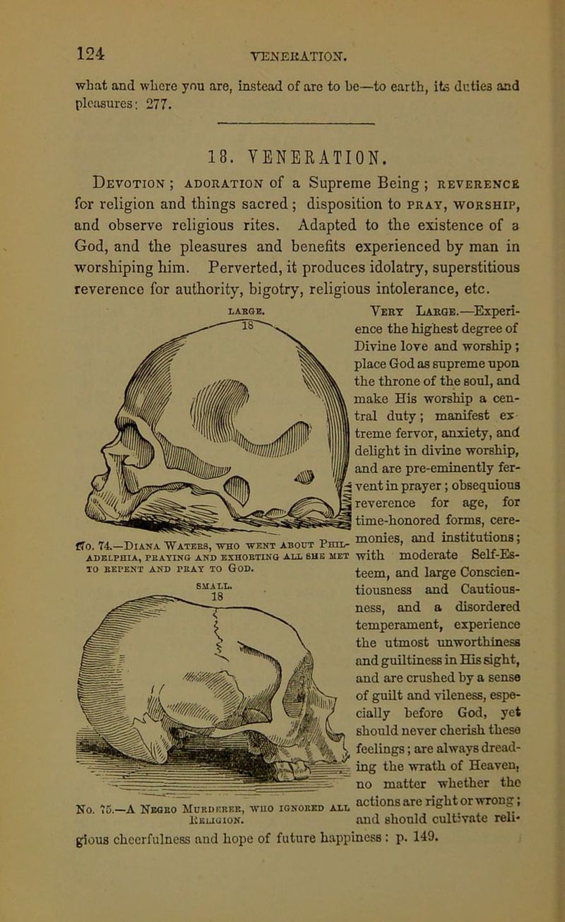 what and where you are, instead of are to be—to earth, its duties and pleasures: 277. 18. VENERATION. Devotion ; adoration of a Supreme Being ; reverence for religion and things sacred; disposition to pray, worship, and observe religious rites. Adapted to the existence of a God, and the pleasures and benefits experienced by man in worshiping him. Perverted, it produces idolatry, superstitious reverence for authority, bigotry, religious intolerance, etc. LARGE. Very Large.—Experi- ence the highest degree of Divine love and worship ; place God as supreme upon the throne of the soul, and make His worship a cen- tral duty; manifest ex treme fervor, anxiety, and delight in divine worship, and are pre-eminently fer- ^ vent in prayer; obsequious reverence for age, for time-honored forms, cere- — ^ ~ T.,r. monies, and institutions; Go. 74.—Diana Waters, who went about Phil- ’ ’ ADELPHIA, PRAYING AND EXHORTING ALL BHE MET Wltll moderate belf-KS- teem, and large Conscien- tiousness and Cautious- ness, and a disordered temperament, experience the utmost unwortkiness and guiltiness in His sight, and are crushed by a sense of guilt and vileness, espe- cially before God, yet should never cherish these feelings; are always dread- ing the wrath of Heaven, no matter whether the actions are right or wrong; and should cultivate reli- to repent and pray to God. No. 75.—A Negro Murderer, who ignored all Religion. gious cheerfulness aud hope of future happiness: p. 149.
