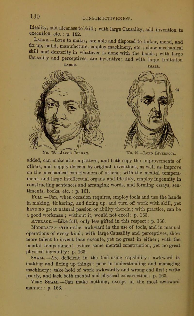 COft STBUOTIVENESS. Ideality, add niceness to skill; with large Causality, add invention to execution, eto.: p. 162. Large. Love to make , are able and disposed to tinker, mend, and fix up, build, manufacture, employ machinery, etc. ; show mechanical skill and dexterity in whatever is done with the hands; with largo Causality and perceptives, are inventive; and with large Imitation added, can make after a pattern, and both copy the improvements of others, and supply defects by original inventions, as well as improvo on the mechanical contrivances of others ; with the mental tempera- ment, and large intellectual organs and Ideality, employ ingenuity in constructing sentences and arranging words, and forming essays, sen- timents, books, etc.: p. 161. Full.—Can, when occasion requires, employ tools and use the hands in making, tinkering, and fixing up, and turn off work with skill, yet have no great natural passion or ability therein ; with practice, can be a good workman ; without it, would not excel: p. 163. Average.—Like full, only less gifted in this respect: p. 160. Moderate.—Are rather awkward in the use of tools, and in manual operations of every kind; with large Causality and perceptives, show more talent to invent than execute, yet no great in either; with the mental temperament, evince some mental construction, yet no great physical ingenuity : p. 163. Small.—Are deficient in the tool-using capability; awkward in making and fixing up things; poor in understanding and managing machinery; take hold of work awkwardly and wrong end first; write poorly, and lack both mental and physical construction : p. 163. Very Small.—Can make nothing, except in the most awkward manner: p. 163. LARGE. SMALL. No. 78.—Jacob Jordan. No. 79.—Lord Liverpool.