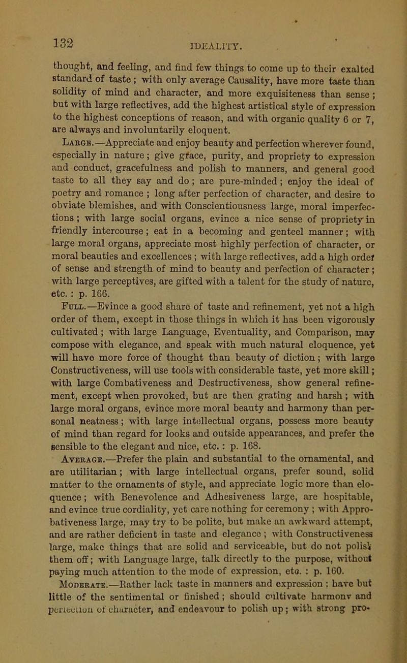 thought, and feeling, and find few things to come up to their exalted standard of taste ; with only average Causality, have more taste than solidity of mind and character, and more exquisiteness than sense ; but with large reflectives, add the highest artistical style of expression to the highest conceptions of reason, and with organic quality 6 or 7, are always and involuntarily eloquent. Large.—Appreciate and enjoy beauty and perfection wherever found, especially in nature; give grace, purity, and propriety to expression and conduct, gracefulness and polish to manners, and general good taste to all they say and do; are pure-minded; enjoy the ideal of poetry and romance ; long after perfection of character, and desire to obviate blemishes, and with Conscientiousness large, moral imperfec- tions ; with large social organs, evince a nice sense of propriety in friendly intercourse; eat in a becoming and genteel manner; with large moral organs, appreciate most highly perfection of character, or moral beauties and excellences ; with large reflectives, add a high ordef of sense and strength of mind to beauty and perfection of character; with large perceptives, are gifted with a talent for the study of nature, etc. : p. 166. Full.—Evince a good share of taste and refinement, yet not a high order of them, except in those things in which it has been vigorously cultivated; with large Language, Eventuality, and Comparison, may compose with elegance, and speak with much natural eloquence, yet will have more force of thought than beauty of diction; with large Constructiveness, will use tools with considerable taste, yet more skill; with large Combativeness and Destructiveness, show general refine- ment, except when provoked, but are then grating and harsh; with large moral organs, evince more moral beauty and harmony than per- sonal neatness; with large intellectual organs, possess more beauty of mind than regard for looks and outside appearances, and prefer the sensible to the elegant and nice, etc.: p. 168. Average.—Prefer the plain and substantial to the ornamental, and are utilitarian; with large intellectual organs, prefer sound, solid matter to the ornaments of style, and appreciate logic more than elo- quence ; with Benevolence and Adhesiveness large, are hospitable, and evince true cordiality, yet care nothing for ceremony ; with Appro- bativeness large, may try to be polite, but make an awkward attempt, and are rather deficient in taste and elegance ; with Constructiveness large, make things that are solid and serviceable, but do not polisV them off; with Language large, talk directly to the purpose, without paying much attention to the mode of expression, eta. : p. 160. Moderate.—Rather lack taste in manners and expression ; have but little of the sentimental or finished; should cultivate harmonv and pertecuuu of character, and endeavour to polish up; with strong pro-