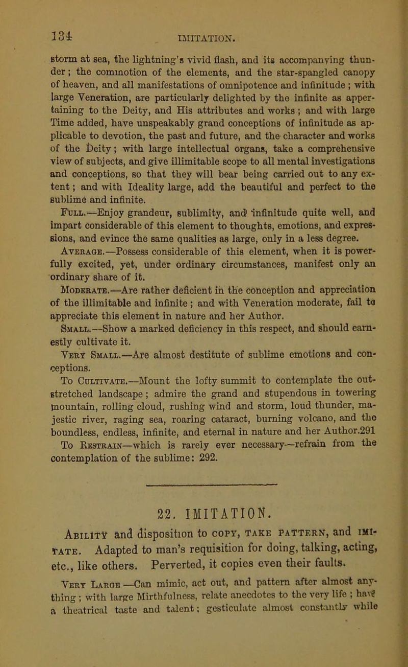 m Btorxn at sea, the lightning’s vivid flash, and its accompanying thun- der ; the commotion of the elements, and the star-spangled canopy of heaven, and all manifestations of omnipotence and infinitude ; with large Veneration, are particularly delighted by the infinite as apper- taining to the Deity, and His attributes and works ; and with large Time added, have unspeakably grand conceptions of infinitude as ap- plicable to devotion, the past and future, and the character and works of the t)eity; with large intellectual organs, take a comprehensive view of subjects, and give illimitable scope to all mental investigations and conceptions, so that they will bear being carried out to any ex- tent ; and with Ideality large, add the beautiful and perfect to the sublime and infinite. Full.—Enjoy grandeur, sublimity, and1 infinitude quite well, and impart considerable of this element to thoughts, emotions, and expres- sions, and evince the same qualities as large, only in a less degree. Average.—Possess considerable of this element, when it is power- fully excited, yet, under ordinary circumstances, manifest only an ordinary share of it. Moderate.—Are rather deficient in the conception and appreciation of the illimitable and infinite ; and with Veneration moderate, fail to appreciate this element in nature and her Author. Small.—Show a marked deficiency in this respect, and should earn- estly cultivate it. Very Small.—Are almost destitute of sublime emotions and con- ceptions. To Cultivate.—Mount the lofty summit to contemplate the out- stretched landscape; admire the grand and stupendous in towering tnountain, rolling cloud, rushing wind and storm, loud thunder, ma- jestic river, raging sea, roaring cataract, burning volcano, and the boundless, endless, infinite, and eternal in nature and her Author.291 To Restrain—which is rarely ever necessary—refrain from the contemplation of the sublime: 292. 22. IMITATION. Ability and disposition to copy, take pattern, and imi- tate. Adapted to man’s requisition for doing, talking, acting, etc., like others. Perverted, it copies even their faults. Very Large —Can mimic, act out, and pattern after almost any- thing ; with large Mirthfulness, relate anecdotes to the very life ; hay* a theatrical taste and talent; gesticulate almost constantly while