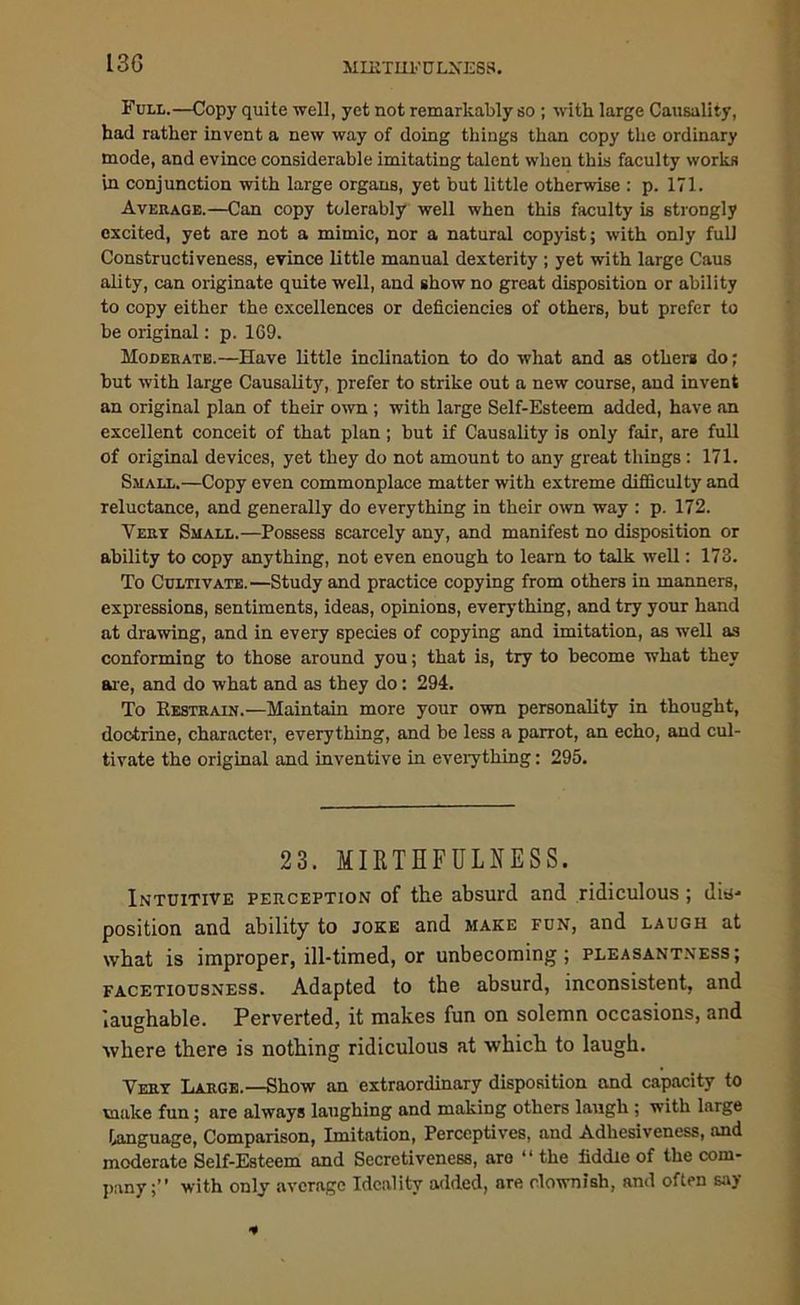 MIETHFULNESB. Full.—Copy quite well, yet not remarkably so ; with large Causality, had rather invent a new way of doing things than copy the ordinary mode, and evince considerable imitating talent when this faculty works in conjunction with large organs, yet but little otherwise : p. 171. Average.—Can copy tolerably well when this faculty is strongly excited, yet are not a mimic, nor a natural copyist; with only full Constructiveness, evince little manual dexterity ; yet with large Caus ality, can originate quite well, and show no great disposition or ability to copy either the excellences or deficiencies of others, but prefer to be original: p. 169. Moderate.—Have little inclination to do what and as others do; hut with large Causality, prefer to strike out a new course, and invent an original plan of their own ; with large Self-Esteem added, have an excellent conceit of that plan; but if Causality is only fair, are full of original devices, yet they do not amount to any great things: 171. Small.—Copy even commonplace matter with extreme difficulty and reluctance, and generally do everything in their own way : p. 172. Very Small.—Possess scarcely any, and manifest no disposition or ability to copy anything, not even enough to learn to talk well: 173. To Cultivate.—Study and practice copying from others in manners, expressions, sentiments, ideas, opinions, everything, and try your hand at drawing, and in every species of copying and imitation, as well as conforming to those around you; that is, try to become what they are, and do what and as they do: 294. To Restrain.—Maintain more your own personality in thought, doc-trine, character, everything, and be less a parrot, an echo, and cul- tivate the original and inventive in everything; 295. 23. MIRTHFULNESS. Intuitive perception of the absurd and ridiculous; die-- position and ability to joke and make fun, and laugh at what is improper, ill-timed, or unbecoming; pleasantness; facetiousness. Adapted to the absurd, inconsistent, and laughable. Perverted, it makes fun on solemn occasions, and where there is nothing ridiculous at which to laugh. Very Large.—Show an extraordinary disposition and capacity to make fun; are always laughing and making others laugh ; with large language, Comparison, Imitation, Perceptives, and Adhesiveness, and moderate Self-Esteem and Secretiveness, aro “ the fiddle of the com- pany;” with only average Ideality added, are clownish, and often say