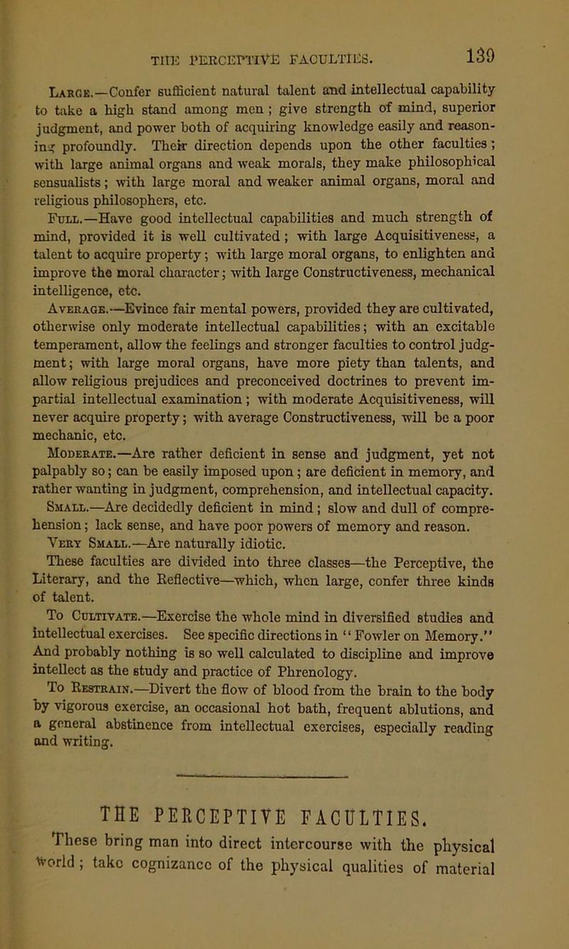 Large.—Confer sufficient natural talent and intellectual capability to take a high stand among men ; give strength of mind, superior judgment, and power both of acquiring knowledge easily and reason- ing profoundly. Their direction depends upon the other faculties; with large animal organs and weak morals, they make philosophical sensualists; with large moral and weaker animal organs, moral and religious philosophers, etc. Full.—Have good intellectual capabilities and much strength of mind, provided it is well cultivated; with large Acquisitiveness, a talent to acquire property; with large moral organs, to enlighten and improve the moral character; with large Constructiveness, mechanical intelligence, etc. Average.—Evince fair mental powers, provided they are cultivated, otherwise only moderate intellectual capabilities; with an excitable temperament, allow the feelings and stronger faculties to control judg- ment; with large moral organs, have more piety than talents, and allow religious prejudices and preconceived doctrines to prevent im- partial intellectual examination ; with moderate Acquisitiveness, will never acquire property; with average Constructiveness, will be a poor mechanic, etc. Moderate.—Are rather deficient in sense and judgment, yet not palpably so; can be easily imposed upon ; are deficient in memory, and rather wanting in judgment, comprehension, and intellectual capacity. Small.—Are decidedly deficient in mind; slow and dull of compre- hension; lack sense, and have poor powers of memory and reason. Very Small.—Are naturally idiotic. These faculties are divided into three classes—the Perceptive, the Literary, and the Reflective—which, when large, confer three kinds of talent. To Cultivate.—Exercise the whole mind in diversified studies and intellectual exercises. See specific directions in “ Fowler on Memory.” And probably nothing is so well calculated to discipline and improve intellect as the study and practice of Phrenology. To Restrain.—Divert the flow of blood from the brain to the body by vigorous exercise, an occasional hot bath, frequent ablutions, and a general abstinence from intellectual exercises, especially reading and writing. TUB PERCEPTIVE FACULTIES. These bring man into direct intercourse with the physical ttorid; take cognizance of the physical qualities of material