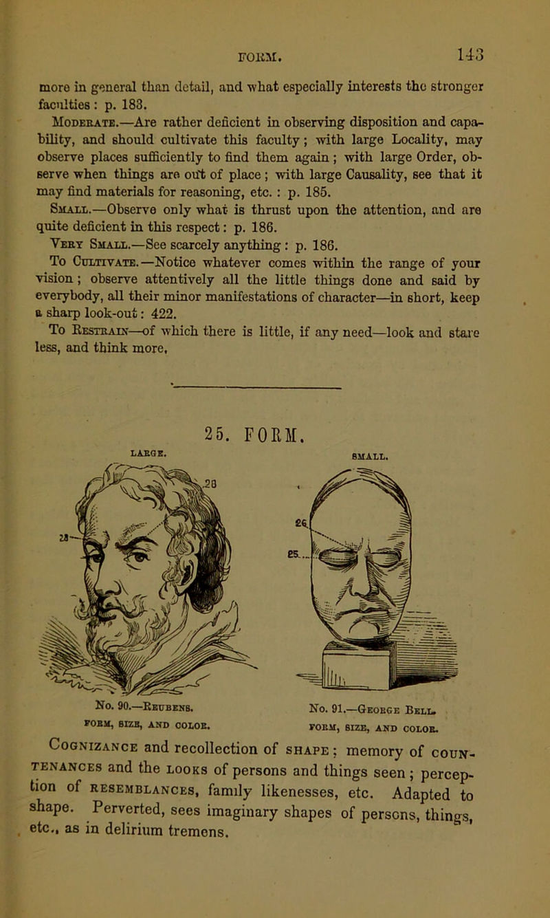 moro in general than detail, and what especially interests the stronger faculties: p. 183. Moderate.—Are rather deficient in observing disposition and capa- bility, and should cultivate this faculty; with large Locality, may observe places sufficiently to find them again; with large Order, ob- serve when things are out of place ; with large Causality, see that it may find materials for reasoning, etc. : p. 185. Small.—Observe only what is thrust upon the attention, and are quite deficient in this respect: p. 186. Very Small.—See scarcely anything: p. 186. To Cultivate.—Notice whatever comes within the range of your vision; observe attentively all the little things done and said by everybody, all their minor manifestations of character—in short, keep a sharp look-out: 422. To Restrain—of which there is little, if any need—look and stare less, and think more. 25. FORM. LARGE. small. No. 90.—Reubens. No. 91.—George Bell. FORM, SIZE, AND COLOR. FORM, SIZE, AND COLOR. Cognizance and recollection of shape; memory of coun- tenances and the looks of persons and things seen ; percep- tion of resemblances, family likenesses, etc. Adapted to shape. Perverted, sees imaginary shapes of persons, things, etc., as in delirium tremens.