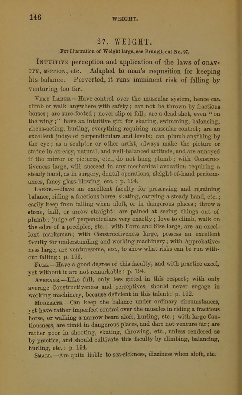 WEIGHT. 27. WEIGHT. For illustration of Welglxt largo, see Bruncll, cut No. 97. Intuitive perception and application of the laws of grav- ity, motion, etc. Adapted to man’s requisition for keeping his balance. Perverted, it runs imminent risk of falling by venturing too far. Very Large.—Have control over the muscular system, hence can climb or walk anywhere with safety ; can not he thrown by fractious horses ; are sure-footed ; never slip or fall; are a dead shot, even “ on the wing have an intuitive gift for skating, swimming, balancing, circus-acting, hurling, everything requiring muscular control; are an excellent judge of perpendiculars and levels; can plumb anything by the eye ; as a sculptor or other artist, always make the picture or statue in an easy, natural, and well-balanced attitude, and are annoyed if the mirror or pictures, etc., do not hang plumb ; with Construc- tiveness large, will succeed in any mechanical avocation requiring a steady hand, as in surgery, dental operations, sleight-of-hand perform- ances, fancy glass-blowing, etc.: p. 194. Large.—Have an excellent faculty for preserving and regaining balance, riding a fractious horse, skating, carrying a steady hand, etc.; easily keep from falling when aloft, or in dangerous places; throw a stone, hall, or arrow straight; are pained at seeing things out of plumb ; judge of perpendiculars very exactly ; love to climb, walk on the edge of a precipice, etc. ; with Form and Size large, are an excel- lent marksman; with Constructiveness large, possess an excellent faculty for understanding and working machinery; with Approbative- ness large, are venturesome, etc., to show what risks can be run with- out falling: p. 193. Full.—Have a good degree of this faculty, and with practice excel, yet without it are not remarkable : p. 194. Average.—Like full, only less gifted in this respect; with only average Constructiveness and perceptivcs, should never engage in working machinery, because deficient in this talent: p. 192. Moderate.—Can keep the balance under ordinary circumstances, yet have rather imperfect control over the muscles in riding a fractious horse, or walking a narrow beam aloft, hurling, etc. ; with large Cau- tiousness, are timid in dangerous places, and dare not venture far ; are rather poor in shooting, skating, throwing, etc., unless rendered so by practice, and should cultivate this faculty by climbing, balancing, hurling, etc. : p. 194. Small.—Are quite liable to sca-sickness, dizziness when aloft, etc.