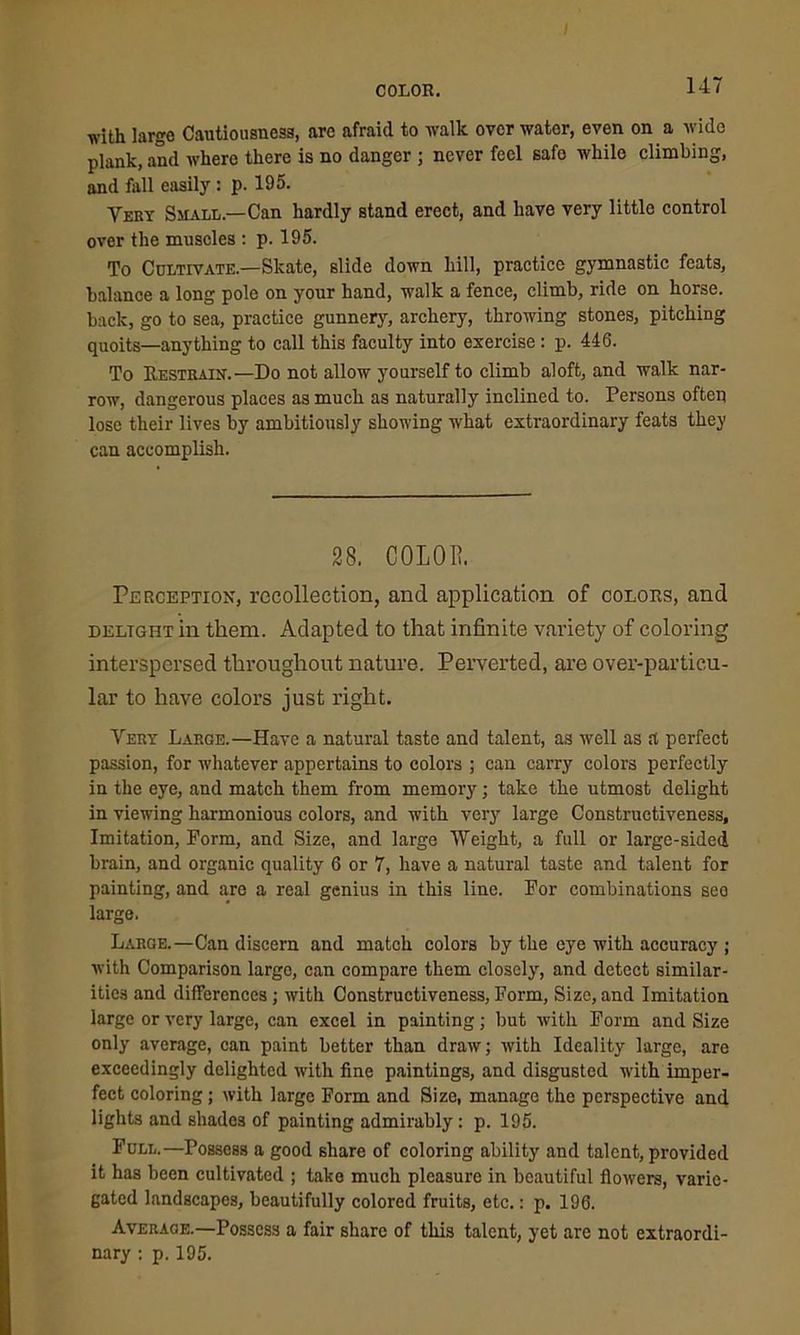 I COLOR. 147 with large Cautiousness, arc afraid to walk over water, even on a wide plank, and where there is no danger ; never feel safo while climbing, and fall easily: p. 195. Yery Small—Can hardly stand erect, and have very little control over the muscles : p. 195. To Cultivate.—Skate, slide down hill, practice gymnastic feats, balance a long pole on your hand, walk a fence, climb, ride on horse, back, go to sea, practice gunnery, archery, throwing stones, pitching quoits—anything to call this faculty into exercise: p. 446. To Restrain.—Do not allow yourself to climb aloft, and walk nar- row, dangerous places as much as naturally inclined to. Persons often lose their lives by ambitiously showing what extraordinary feats they can accomplish. 28. COLOR. Perception, recollection, ancl application of colors, and delight in them. Adapted to that infinite variety of coloring interspersed throughout nature. Perverted, are over-particu- lar to have colors just right. Very Large.—Have a natural taste and talent, as well as a perfect passion, for whatever appertains to colors ; can carry colors perfectly in the eye, and match them from memory; take the utmost delight in viewing harmonious colors, and with very large Constructiveness, Imitation, Form, and Size, and large Weight, a full or large-sided brain, and organic quality 6 or 7, have a natural taste and talent for painting, and are a real genius in this line. For combinations seo large. Large.—Can discern and match colors by the eye with accuracy ; with Comparison large, can compare them closely, and detect similar- ities and differences; with Constructiveness, Form, Size, and Imitation large or very large, can excel in painting; but with Form and Size only average, can paint better than draw; with Ideality large, are exceedingly delighted with fine paintings, and disgusted with imper- fect coloring; with large Form and Size, manage the perspective and lights and shades of painting admirably: p. 195. Full.—Possess a good share of coloring ability and talent, provided it has been cultivated ; take much pleasure in beautiful flowers, varie- gated landscapes, beautifully colored fruits, etc.: p. 196. Average.—Possess a fair share of this talent, yet are not extraordi- nary : p. 195.
