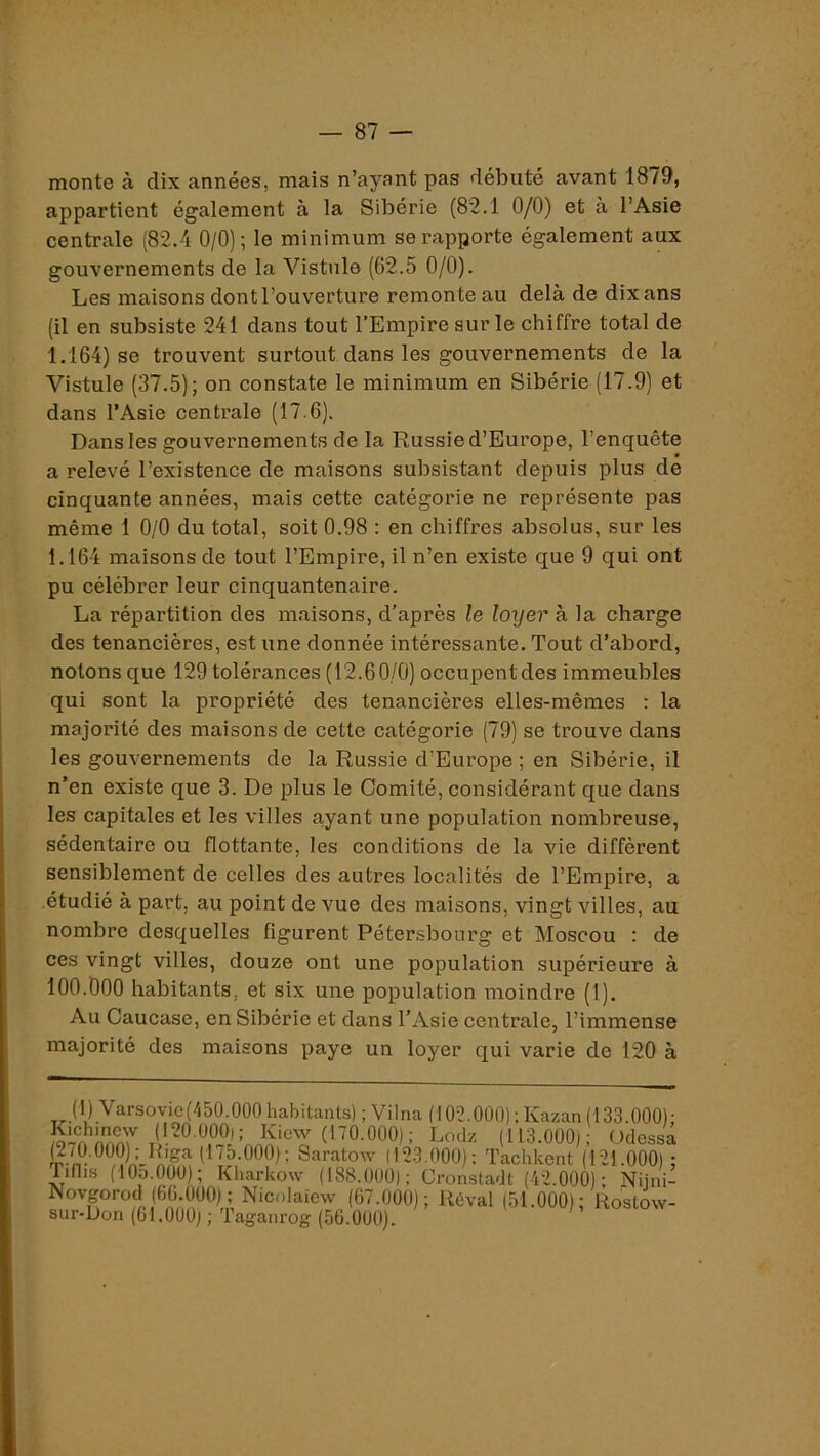 monte à dix années, mais n’ayant pas débuté avant 1879, appartient également à la Sibérie (82.1 0/0) et à l’Asie centrale (82.4 0/0); le minimum se rapporte également aux gouvernements de la Vistule (62.5 0/0). Les maisons dont l’ouverture remonte au delà de dix ans (il en subsiste 241 dans tout l’Empire sur le chiffre total de 1.164) se trouvent surtout dans les gouvernements de la Vistule (37.5); on constate le minimum en Sibérie (17.9) et dans l’Asie centrale (17.6). Dans les gouvernements de la Russie d’Europe, l’enquête a relevé l’existence de maisons subsistant depuis plus de cinquante années, mais cette catégorie ne représente pas même 1 0/0 du total, soit 0.98 : en chiffres absolus, sur les 1.164 maisons de tout l’Empire, il n’en existe que 9 qui ont pu célébrer leur cinquantenaire. La répartition des maisons, d’après le loyer à la charge des tenancières, est une donnée intéressante. Tout d’abord, notons que 129 tolérances (12.60/0) occupent des immeubles qui sont la propriété des tenancières elles-mêmes : la majorité des maisons de cette catégorie (79) se trouve dans les gouvernements de la Russie d’Europe ; en Sibérie, il n’en existe que 3. De plus le Comité, considérant que dans les capitales et les villes ayant une population nombreuse, sédentaire ou flottante, les conditions de la vie diffèrent sensiblement de celles des autres localités de l’Empire, a étudié à part, au point de vue des maisons, vingt villes, au nombre desquelles figurent Pétersbourg et Moscou : de ces vingt villes, douze ont une population supérieure à 100.DOO habitants, et six une population moindre (1). Au Caucase, en Sibérie et dans TAsie centrale, l’immense majorité des maisons paye un loyer qui varie de 120 à (l) Varsovio(450.000 habitants) ;Vilna (102.000) ; Kazan (133.000); Lodz (113.000): Odessa (175.000); Saratow (123.000): Tachkent (121.000) ; Tiflis (lOo.OOO); Kharkow (188.000); Cronstadt (42.000); Nijni- Novgorod (66.000) ; Nicolai^^^^ (67.000); itéval (51.000); Rostow- sur-Don (61.000) ; laganrog (56.000).