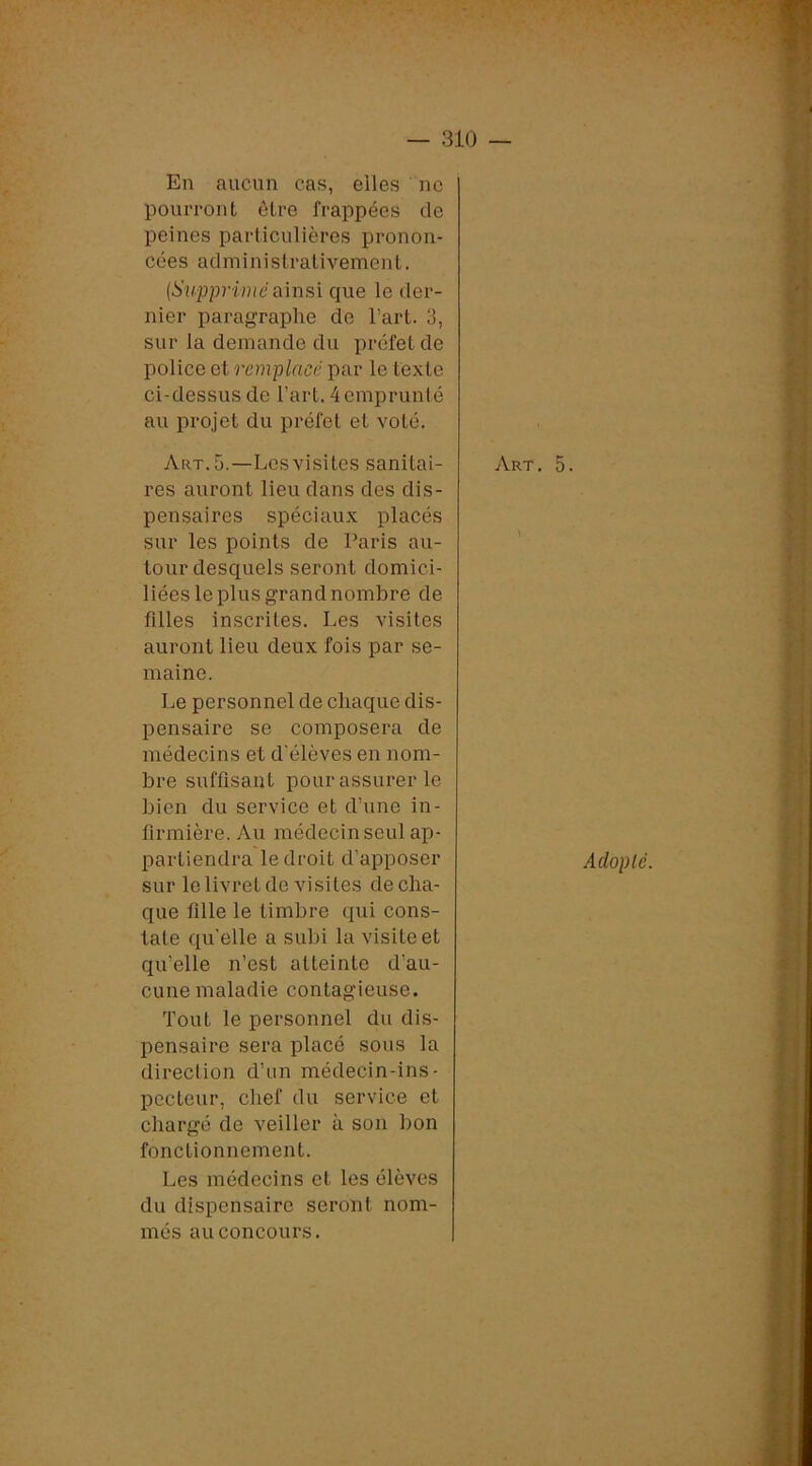 En aucun cas, elles ne pourront ôtre frappées de peines particulières pronon- cées administrativement. {S^ipprimé ainsi que le der- nier paragraphe de l’art. 3, sur la demande du préfet de police et remplacé par le texte ci-dessus de l’art. 4emprunté au projet du préfet et voté. Art. D.—Les visites sanitai- res auront lieu dans des dis- pensaires spéciaux placés sur les points de Paris au- tour desquels seront domici- liées le plus grand nombre de filles inscrites. Les visites auront lieu deux fois par se- maine. Le personnel de chaque dis- pensaire se composera de médecins et d'élèves en nom- bre suffisant pour assurer le bien du service et d’une in- firmière. Au médecin seul ap- sur le livret de visites de cha- que fille le timbre qui cons- tate qu'elle a subi la visite et qu’elle n’est atteinte d’au- cune maladie contagieuse. Tout le personnel du dis- pensaire sera placé sous la direction d’un médecin-ins- pecteur, chef du service et chargé de veiller à son bon fonctionnement. Les médecins et les élèves du dispensaire seront nom- més au concours. Art. 5. V