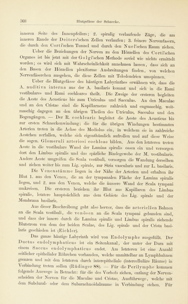 inneren kSeite des Innenpfeilers; 2. spiralig verlaufende Züge, die am inneren Rande der Dei ters’schen Zellen verlaufen; 3. feinere Nervenfasern, die durch den Corti’schen Tunnel und durch den NueTschen Raum ziehen. Ueber die Beziehungen der Nerven zu den Hörzellen des Corti’schen Organes ist bis jetzt mit der Grolgischen jMethode soviel wie nichts ermittelt Avorden; es wird sich mit Wahrscheinlichkeit annehmen lassen, dass sich an den Basen der Hörzellen plexiforme Ausbreitungen finden, von welchen Is ervenfciserchen ausgehen, die diese Zellen mit Telodendrien umspinnen Lieber die Blutgefässe des häutigen Labyrinthes erwähnen Avir, dass die A. auditiva interna aus der A. basilaris kommt und sich in die Rami A^estibulares und Rami cochleares theilt. Hie Zweige der ersteren begleiten die Aeste des Acusticus bis zum Utriculus und Sacculus. An den Maculae und an den Cristae sind die Kapillarnetze zahlreich und engmaschig, Aveit- maschig dagegen au den übrigen Theilen des Utriculus, Sacculus und den Bogengängen. Her R. cochlearis begleitet die Aeste des Acusticus bis zur ersten SchneckeiiAvindung; die für die übrigen Windungen bestimmten Arterien treten in die Achse des IModiolus ein, in AA^elchem sie in zahlreiche Aestchen zerfallen, Avelche sich eigenthümlich aufrollen und auf diese Weise die sogen. Glomeruli arteriosi cochleae bilden. Aus den letzteren treten Aeste in die vestibuläre Wand der Lamina spiralis ossea ein und versorgen dort den Limbus spiralis und das s})ärliche Bindegewebe der M. vestibularis. Andere Aeste umgreifen die Scala vestibuli, versorgen die Wandung derselben und ziehen Aveiter bis zum Lig. spirale, zur Stria vascularis und zur L. basilaris. Hie V eilen Stämme liegen in der Nähe der Arterien und erhalten ihr Blut 1. aus den Venen, die an der tympanalen Fläche der Lamina spirahs hegen, und 2. aus den Venen, Avelche die äussere Wand der Scala tympani umkreisen. Hie ersteren beziehen ihr Blut aus Kapillaren des Limbus spiialis, letztere hauptsächlich aus dem Gebiete des Lig. spirale und der Membrana basilaris. Aus cheser Beschreibung geht also hervor, dass die arteriellen Bahnen an die Scala vestibuli, die venösen an die Scala tympani gebunden sind, und dass der innere durch die Lamina spiralis und Limbus spiralis ziehende Blutstrom von dem der beiden Scalae, des Lig. spirale und der Crista basi- laris geschieden ist (Eichler). Has ganze häutige Labyrinth Avird von Endolymphe ausgefüllt. Her Huctus endolymphaticus ist ein Seitenkanal, der unter der Hura mit einem Saccus endolymphaticus endet. Am letzteren ist eine Anzahl seithcher epithelialer Röhrchen vorhanden, Avelche unmittelbar an Lymphbahnen grenzen und mit den letzteren durch interepitheliale (intercelluläre Räume) in Verbindung treten sollen (Rüdinger 88). — Für die Perilymphe kommen folgende Auswege in Betracht: für die des Vorhofs ziehen, entlang der Nerven- scheiden der Nerven für (he Maculae und Cristae, AusführAA'ege, aa-eiche mit dem Subdural- oder dem Subarachnoidalraume in Verbinduuo: stehen Für