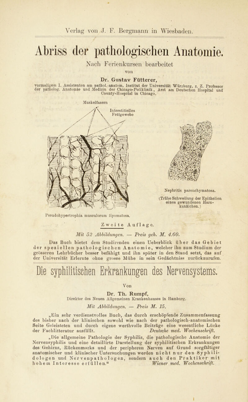 Abriss der pathologischen Anatomie. Nach Ferienkursen bearbeitet von Dr. Gustav Fütterer, vormaligem I. Assistenten am pathol.-anatom. Institut der Universität Würzburg, z. Z. Professor der patholog. Anatomie und Medizin der Chicago-Poliklinik, Arzt am Deutschen Hospital und Coonty-Hospital in Chicago. Muskelfasern \ Interstitielles Fettgewebe Pseudohypertrophia musculorum lipoinatosa. Nephritis parenchymatosa. (Trübe Schwellung der Epithelien eines gewundenen Harn- kanälchen.) ZweiteAuflage. Mit 52 Abbildungen. — Preis geb. M. 4.60. Das Buch bietet dem Studirenden einen Ueberblick über das Gebiet der speziellen pathologischen Anatomie, welcher ihn zum Studium der grösseren Lehrbücher besser befähigt und ihn später in den Stand setzt, das auf der Universität Erlernte ohne grosse Mühe in sein Gedächtniss zurückzurufen. Die syphilitisehen Erkrankungen des Nervensystems. Von Dr. Th. Rumpf, Direktor des Neuen Allgemeinen Krankenhauses in Hamburg. Mit Abbildungen. — Preis M. 15. „Ein sehr verdienstvolles Buch, das durch erschöpfende Zusammenfassung des bisher nach der klinischen sowohl wie nach der pathologisch-anatomischen Seite Geleisteten und durch eigene werthvolle Beiträge eine wesentliche Lücke der Fachlitteratur ausfüllt. Deutsche med. Wochenschrift. „Die allgemeine Pathologie der Syphilis, die pathologische Anatomie der Nervensyphilis und eine detaillirte Darstellung der syphilitischen Erkrankungen des Gehirns, Rückenmarks und der peripheren Nerven auf Grund sorgfältiger anatomischer und klinischer Untersuchungen werden nicht nur den Syphili- de logen und Nervenpathologen, sondern auch den Praktiker mit hohem Interesse erfüllen.“ Wiener med. Wochenschrift. I