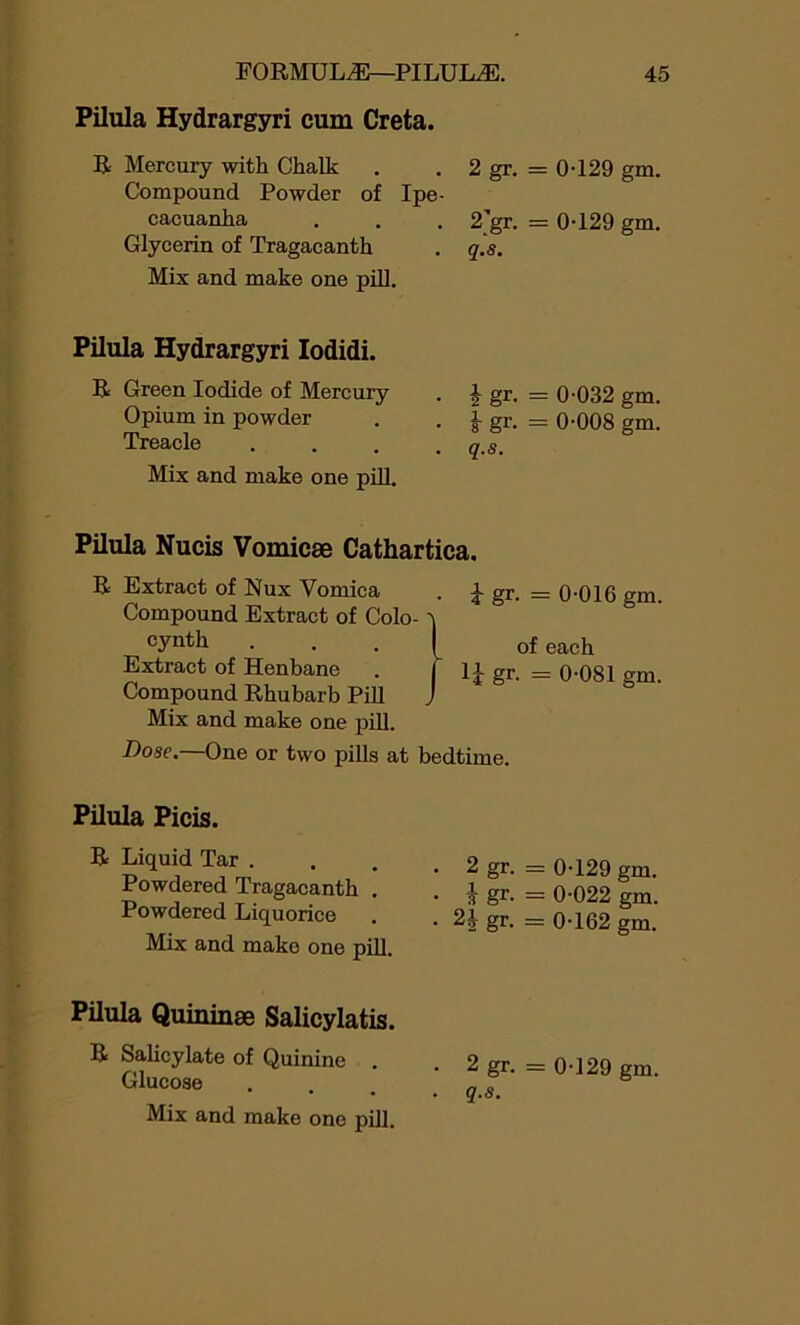 Pilula Hydrargyri cum Creta. R Mercury with Chalk Compound Powder of Ipe- cacuanha Glycerin of Tragacanth Mix and make one pill. 2 gr. = 0-129 gm. 2'gr. = 0-129 gm. q.s. Pilula Hydrargyri Iodidi. R Green Iodide of Mercury Opium in powder Treacle Mix and make one pill. \ gr. - 0-032 gm. i gr- = 0-008 gm. q.s. Pilula Nucis Vomicae Cathartica. R Extract of Nux Vomica . J gr. = 0-016 gm. Compound Extract of Colo- cynth • • • 1 of each Extract of Henbane . j gr> = 0-081 gm. Compound Rhubarb Pill J Mix and make one pill. Dose.—One or two pills at bedtime. Pilula Picis. R Liquid Tar . Powdered Tragacanth . Powdered Liquorice Mix and make one pill. Pilula Quininse Salicylatis. R Salicylate of Quinine . Glucose Mix and make one pill. . 2 gr. = 0-129 gm. . £ gr. = 0-022 gm. • gr. = 0-162 gm. . 2 gr. = 0-129 gm. . q.s.
