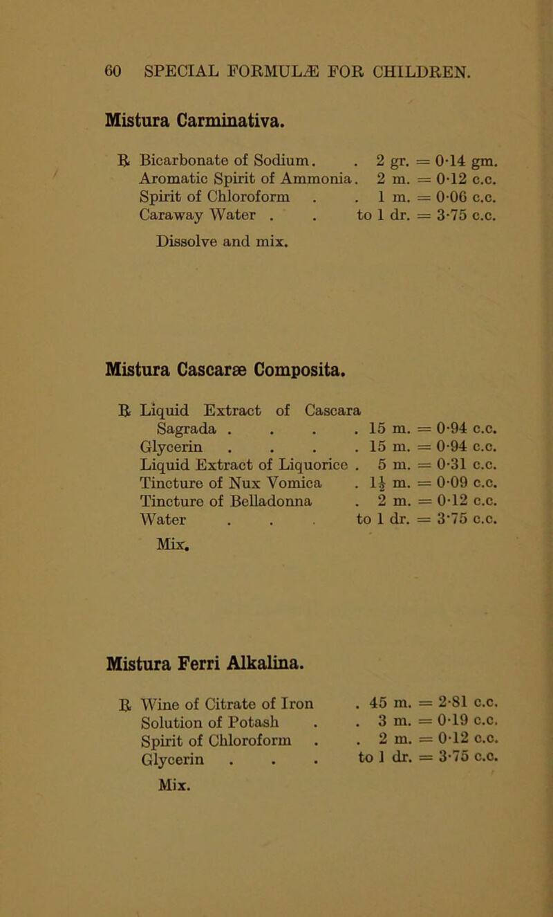 Mistura Carminativa. R Bicarbonate of Sodium. . 2 gr. = 0-14 gm. Aromatic Spirit of Ammonia. 2 m. = 0-12 c.c. Spirit of Chloroform . . 1 m. = 0-06 c.c. Caraway Water . . to 1 dr. = 3-75 c.c. Dissolve and mix. Mistura Cascarae Composita. R Liquid Extract of Cascara Sagrada . . 15 m. = 0-94 C.C. Glycerin . 15 m. = 0-94 c.c. Liquid Extract of Liquorice . 5 m. = 0-31 c.c. Tincture of Nux Vomica • 4 m. = 0-09 c.c. Tincture of Belladonna . 2 m. = 0-12 c.c. Water to 1 dr. = 3-75 c.c. Mix. Mistura Ferri Alkalina. R Wine of Citrate of Iron Solution of Potash Spirit of Chloroform Glycerin Mix. . 45 m. = 2-81 c.c. . 3 m. = 0-19 c.c. . 2 m. = 0-12 c.c. to 1 dr. = 3-75 c.c.