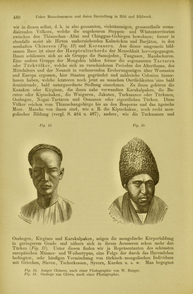 wir in diesen selbst, d. h. in also genannten, vielstämmigen, grossentheils noma- disirenden Völkern, welche die ungeheuren Steppen- und Wüstenterritorien zwischen den Thianschan - Altai und (Jhinggan-Gebirgen bewohnen; ferner in ebenfalls meist als Hirten umherziehenden Kalmücken und Burjaten, in den sesshaften Chinesen (Fig. 12) und Koreanern. Aus dieser umgemein bild- samen Race ist einer der Hauptculturherde der Menschheit hervorgegangen. Ihnen schliessen sich an als Gruppe die Samojeden, Tungusen, Mandschuren. Eine andere Gruppe der Mongolen bilden ferner die sogenannten Tartaren oder Türk Völker, welche sich zu verschiedenen Perioden des Alterthums, des Mittelalters und der Neuzeit in verheerenden Eroberungszügen über Westasien und Europa ergossen, hier Staaten gegründet und zahlreiche Colonien hinter- lassen haben, welche letzteren noch jetzt an manchen Oertlichkeiten eine bald dominirende, bald untergeordnete Stellung einnehmen. Zu ihnen gehören die Kazaken oder Kirgisen, die ihnen nahe verwandten Karakalpaken, die Bu- ruten oder Kiptschaken, die Wuiguren, Jakuten, Turkmanen oder Türkmen, . Oesbegen, Nogai-Tartaren und Osmanen oder eigentlichen Türken. Diese Völker reichen vom Thianschangebirge bis an den Bosporus und das ägeische Meer. Manche von ihnen sind, wie z. B. die Kiptschaken, noch recht mon- golischer Bildung (vergl. S. 484 u. 487), andere, wie die Turkmanen und Fig. 12. Fig. 13. Oesbegen, Kirgisen und Karakalpaken, zeigen die mongolische Körperbildung in geringerem Grade und nähern sich in ihrem Aeusseren schon mehr den Türken (Fig. 13). Unter diesen finden wir ja Repräsentanten des schönsten europäischen Männer- und Weibertypus, eine Folge der durch das Haremleben bedingten, sehr häufigen Vermischung von türkisch-mongolischen Individuen mit Griechen, Slaven, Tscherkessen, Syrern, Kurden u. s. w. Man begegnet Fig. 12„ Junger Chinese, nach einer Photographie von W. Burger. Fig. 13. Oesbege aus Chiwa, nach einer Photographie.