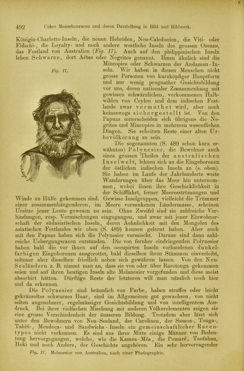 Königin-Charlotte-Inseln, die neuen Hebriden, Neu-Caledonien, die Viti- oder Fidschi-, die Loyalty- und noch andere westliche Inseln des grossen Ozeans, das Festland von Australien (Fig. 17). Auch auf den philippinischen Inseln leben Schwarze, dort Aetas oder Negritos genannt. Ihnen ähnlich sind die Mincopies oder Schwarzen der Andaman - In- seln. Wir haben in diesen Menschen nicht grosse Personen von kurzköpfiger Hauptform und nur wenig prognather Gesichtsbildung vor uns, deren nationaler Zusammenhang mit gewissen schwärzlichen, verkommenen Halb- wilden von Ceylon und dem indischen Fest- lande zwar vermuthet wird, aber noch keineswegs sich er gestellt ist. V on den Papuas unterscheiden sich übrigens die Ne- gritos und Mincopies in mehreren wesentlichen Dingen. Sie scheinen Reste einer alten Ur- bevölkerung zu sein. Die sogenannten (S. 489 schon kurz er- wähnten) Polynesier, die Bewohner auch eines grossen Theiles der australischen Inselwelt, lehnen sich an die Eingeborenen der östlichen indischen Inseln an (s. oben). Sie haben im Laufe der Jahrhunderte weite Wanderungen über das Meer hin unternom- men, wobei ihnen ihre Geschicklichkeit in der Schifffahrt, ferner Meeresströmungen und Winde zu Hülfe gekommen sind. Gewisse Inselgruppen, vielleicht die Trümmer einer zusammenhängenderen, im Meere versunkenen Ländermasse, scheinen Ürsitze jener Leute gewesen zu sein. Ohne Zweifel sind sie zahlreiche Ver- bindungen, resp. Vermischungen eingegangen, und zwar mit jener Einwohner- schaft der süclasiatischen Inseln, deren Aehnlichkeit mit den Mongolen des asiatischen Festlandes wir oben (S. 489) kennen gelernt haben. Aber auch mit den Papuas haben sich die Polynesier vermischt. Daraus sind dann zahl- reiche Uebergangsracen entstanden. Die von fernher eindringenden Polynesier haben bald die vor ihnen auf den occupirten Inseln vorhandenen dunkel- farbigen Eingeborenen ausgerottet, bald dieselben ihren Stämmen einverleibt, seltener aber dieselben friedlich neben sich gewähren lassen. Von den Neu- seeländern z. B. nimmt man an, dass sie von oder über Rarotonga gekommen seien und auf ihren heutigen Inseln alte Melanesier vorgefunden und diese meist absorbirt hätten. Dürftige Reste der letzteren will man nämlich noch hier und da erkennen. Die Polynesier sind bräunlich von Farbe, haben straffes oder leicht gekräuseltes schwarzes Haar, sind im Allgemeinen gut gewachsen, von nicht selten angenehmer, regelmässiger Gesichtsbildung und von intelligentem Aus- druck. Bei ihrer vielfachen Mischung mit anderen Völkerelementen zeigen sie eine grosse Verschiedenheit der äusseren Bildung. Trotzdem aber lässt sich unter den Bewohnern von Neu-Seeland, der Carolinen, der Samoa-, Tonga-, Tahiti-, Mendoc^a- und Sandwichs - Inseln ein gemeinschaftlicher Racen- typus nicht verkennen. Es sind aus ihrer Mitte einige Männer von Bedeu- tung hervorgegangen, welche, wie die Kamea-Möa, die Pomarö, Taufahau, Heki und noch Andere, der Geschichte angehören. Ein sehr hervorragender