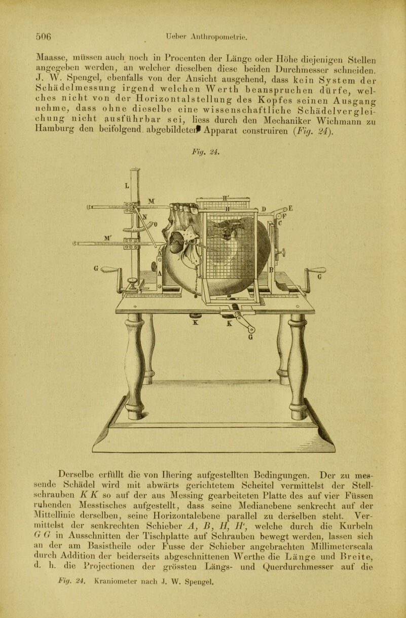 Maasse, müssen auch noch in Proccntcn der Länge oder Höhe diejenigen Stellen angegeben werden, an welcher dieselben diese beiden Durchmesser schneiden. J. W. Spengel, ebenfalls von der Ansicht ausgehend, dass kein System der Schädelmessung irgend welchen Werth beanspruchen dürfe, wel- ches nicht von der Horizontalstellung des Kopfes seinen Ausgang nehme, dass ohne dieselbe eine wissenschaftliche Schädelver glei- eliung nicht ausführbar sei, licss durch den Mechaniker AVichmann zu Hamburg den beifolgend, abgcbildetei^ Apparat construiren (Fig. 24). Fig. 24. Derselbe erfüllt die von Ikering aufgestellten Bedingungen. Der zu mes- sende Schädel wird mit abwärts gerichtetem Scheitel vermittelst der Stell- schrauben K K so auf der aus Messing gearbeiteten Platte des auf vier Füssen ruhenden Messtisches aufgestellt, dass seine Medianebene senkrecht auf der IM ittclli nie derselben, seine Horizontalebene parallel zu derselben stellt. Ver- mittelst der senkrechten Schieber M, B, 7/, 77', welche durch die Kurbeln G (r in Ausschnitten der Tischplatte auf Schrauben bewegt werden, lassen sich an der am Basistheile oder Fusse der Schieber angebrachten Millimeterscala durch Addition der beiderseits abgeschnittenen Werthe die Länge und Breite, d. h. die Projectionen der grössten Längs- und Querdurchmesser auf die Fig. 24, Kraniometer nach J. W. Spengel.