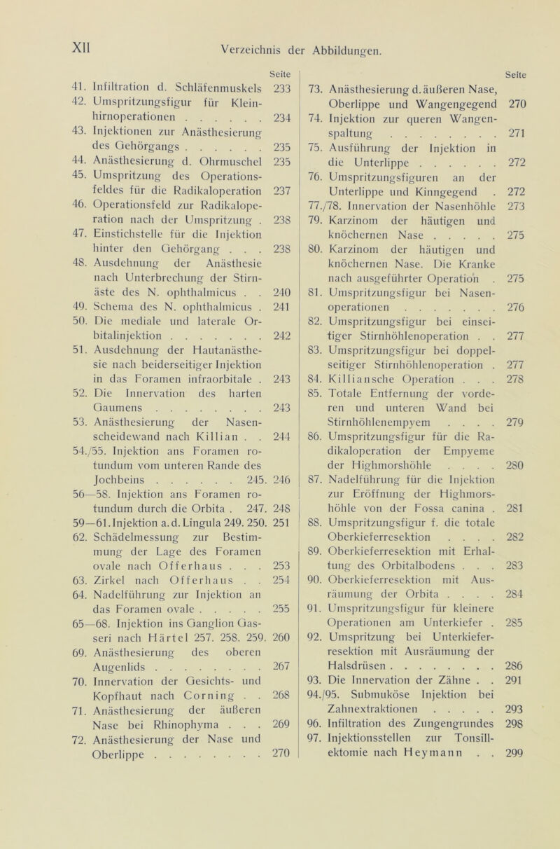 Seite 41. Infiltration d. Schläfenmuskels 233 42. Umspritzungsfigur für Klein- hirnoperationen 234 43. Injektionen zur Anästhesierung des Gehörgangs 235 44. Anästhesierung d. Ohrmuschel 235 45. Umspritzung des Operations- feldes für die Radikaloperation 237 46. Operationsfeld zur Radikalope- ration nach der Umspritzung . 238 47. Einstichstelle für die Injektion hinter den Gehörgang . . . 238 48. Ausdehnung der Anästhesie nach Unterbrechung der Stirn- äste des N. ophthalmicus . . 240 49. Schema des N. ophthalmicus . 241 50. Die mediale und laterale Or- bitalinjektion 242 51. Ausdehnung der Hautanästhe- sie nach beiderseitiger Injektion in das Foramen infraorbitale . 243 52. Die Innervation des harten Gaumens 243 53. Anästhesierung der Nasen- scheidewand nach Killian . . 244 54. /55. Injektion ans Foramen ro- tundum vom unteren Rande des Jochbeins 245. 246 56—58. Injektion ans Foramen ro- tundum durch die Orbita . 247. 248 59—61. Injektion a. d. Lingula 249. 250. 251 62. Schädelmessung zur Bestim- mung der Lage des Foramen ovale nach Offerhaus. . . 253 63. Zirkel nach Offerhaus . 254 64. Nadelführung zur Injektion an das Foramen ovale 255 65—68. Injektion ins Ganglion Gas- seri nach Härtel 257. 258. 259. 260 69. Anästhesierung des oberen Augenlids 267 70. Innervation der Gesichts- und Kopfhaut nach Corning . . 268 71. Anästhesierung der äußeren Nase bei Rhinophyma . . . 269 72. Anästhesierung der Nase und Oberlippe 270 Seite 73. Anästhesierung d.äußeren Nase, Oberlippe und Wangengegend 270 74. Injektion zur queren Wangen- spaltung 271 75. Ausführung der Injektion in die Unterlippe 272 76. Umspritzungsfiguren an der Unterlippe und Kinngegend . 272 77. /78. Innervation der Nasenhöhle 273 79. Karzinom der häutigen und knöchernen Nase 275 80. Karzinom der häutigen und knöchernen Nase. Die Kranke nach ausgeführter Operation . 275 81. Umspritzungsfigur bei Nasen- operationen 276 82. Umspritzungsfigur bei einsei- tiger Stirnhöhlenoperation . . 277 83. Umspritzungsfigur bei doppel- seitiger Stirnhöhlenoperation . 277 84. Killiansche Operation . . . 278 85. Totale Entfernung der vorde- ren und unteren Wand bei Stirnhöhlenempyem .... 279 86. Umspritzungsfigur für die Ra- dikaloperation der Empyeme der Highmorshöhle .... 280 87. Nadelführung für die Injektion zur Eröffnung der Highmors- höhle von der Fossa canina . 281 88. Umspritzungsfigur f. die totale Oberkieferresektion .... 282 89. Oberkieferresektion mit Erhal- tung des Orbitalbodens . . . 283 90. Oberkieferresektion mit Aus- räumung der Orbita .... 284 91. Umspritzungsfigur für kleinere Operationen am Unterkiefer . 285 92. Umspritzung bei Unterkiefer- resektion mit Ausräumung der Halsdriisen 2S6 93. Die Innervation der Zähne . . 291 94. /95. Submuköse Injektion bei Zahnextraktionen 293 96. Infiltration des Zungengrundes 298 97. Injektionsstellen zur Tonsill- ektomie nach Hey mann . . 299