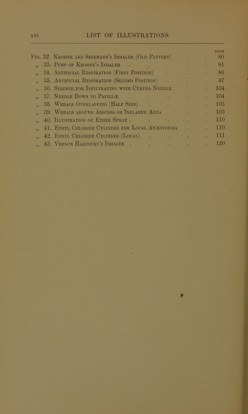 PAGE Fia. 32. Kroiine axd Sesejiann’s Iniiaeer (Old Pattern) . . 80 „ 33. Pump of Ivrohne’s Inhaler . . . . .81 „ 34. Autificlvl Respiration (First Position) . . .80 „ 35. Artifici.al Respiration (Second Position) . . .87 „ 36. Syringe for Infii.trating with Curved Needle . . 104 „ 37. Needle Down to Papillae ..... 104 „ 38. Wheals Overl.vpping (Half Size) . . . . 105 „ 39. Wheals around Abscess or Inflamed Area . . . 105 „ 40. Illustration of Ether Spray . . . . .110 „ 41. Ethyl Chloride Cylinder for Local Anaesthesia . . 110 „ 42. Ethyl Chloride Cylinder (Loc.vl) .... Ill „ 43. Vernon Harcourt’s Inh^vler ..... 120