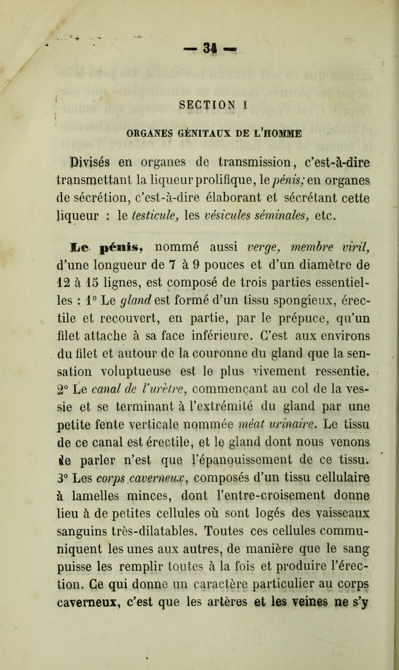 SECTION I ORGANES GÉNITAUX DE L’HOMME Divisés en organes de transmission, c’est-à-dire transmettant la liqueur prolifique, le pénis; en organes de sécrétion, c’est-à-dire élaborant et sécrétant cette liqueur ; le testicule, les vésicules séminales, etc. lie pénis* nommé aussi verge, membre viril, d’une longueur de 7 à 9 pouces et d’un diamètre de 12 à 15 lignes, est composé de trois parties essentiel- les : 1° Le glandest formé d’un tissu spongieux, érec- tile et recouvert, en partie, par le prépuce, qu’un filet attache à sa face inférieure. C’est aux environs du filet et autour de la couronne du gland que la sen- sation voluptueuse est le plus vivement ressentie, 2° Le canal de Vurètre, commençant au col de la ves- sie et se terminant à l’extrémité du gland par une petite fente verticale nommée méat urinaire. Le tissu de ce canal est érectile, et le gland dont nous venons ie parler n’est que l’épanouissement de ce tissu. 3° Les corps caverneux, composés d’un tissu cellulaire à lamelles minces, dont l’entre-croisement donne lieu à de petites cellules où sont logés des vaisseaux sanguins très-dilatables. Toutes ces cellules commu- niquent les unes aux autres, de manière que le sang puisse les remplir toutes à la fois et produire l’érec- tion. Ce qui donne un caractère particulier au corps caverneux, c’est que les artères et les veines ne s’y