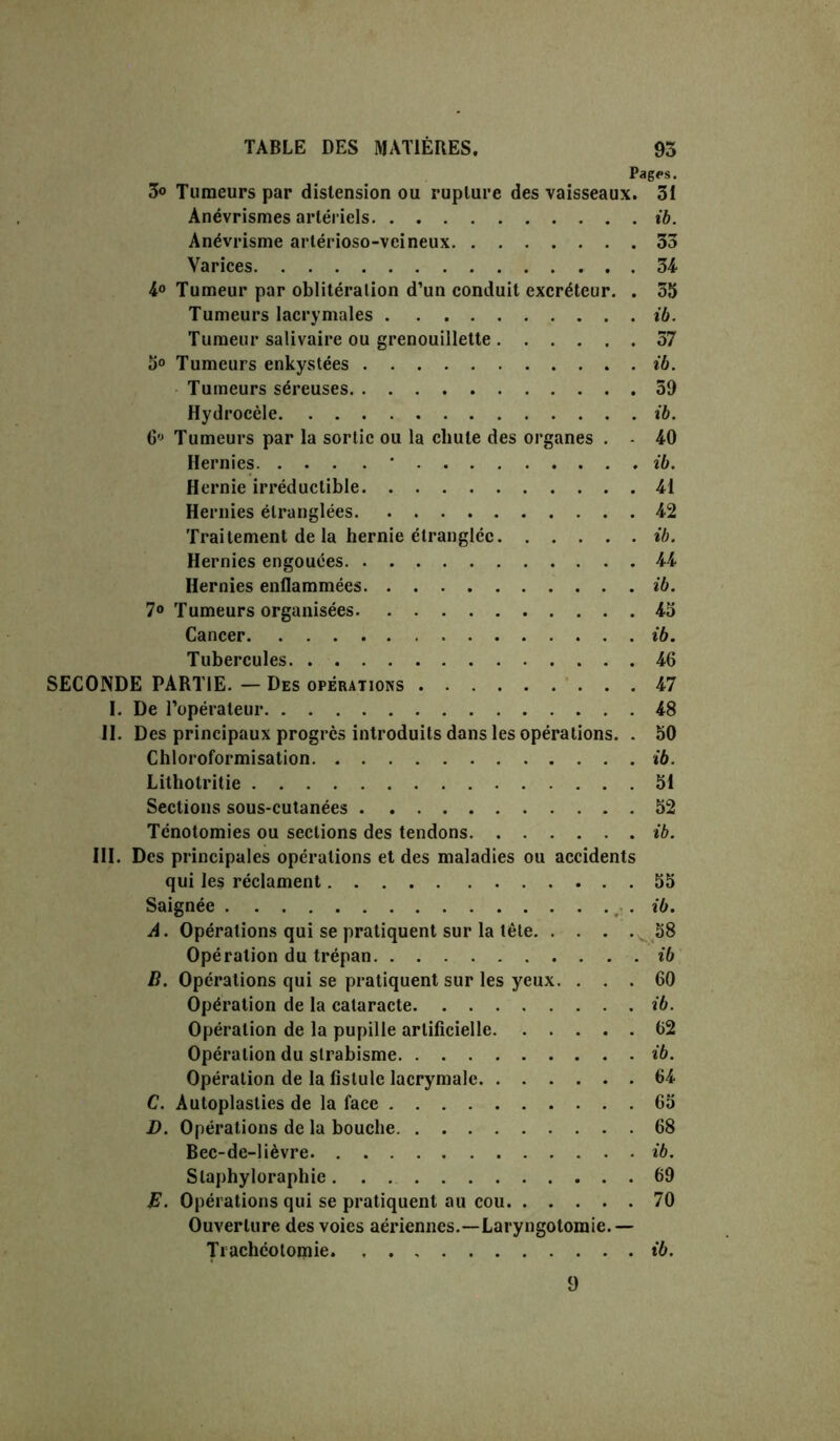 Pag«*s. 3° Tumeurs par distension ou rupture des vaisseaux. 51 Anévrismes artériels ib. Anévrisme arlérioso-vcineux 33 Varices 34 4° Tumeur par oblitération d’un conduit excréteur. . 35 Tumeurs lacrymales ib. Tumeur salivaire ou grenouillette 37 5° Tumeurs enkystées ib. Tumeurs séreuses 59 Hydrocèle ib. 6,J Tumeurs par la sortie ou la chute des organes . 40 Hernies * ib. Hernie irréductible 41 Hernies étranglées 42 Traitement de la hernie étranglée ib. Hernies engouées 44 Hernies enflammées ib. 7° Tumeurs organisées 45 Cancer ib. Tubercules 46 SECONDE PARTIE. — Des opérations 47 I. De l’opérateur 48 II. Des principaux progrès introduits dans les opérations. . 50 Chloroformisation ib. Lithotritie 51 Sections sous-cutanées 52 Ténotomies ou sections des tendons ib. III. Des principales opérations et des maladies ou accidents qui les réclament 55 Saignée ib. A. Opérations qui se pratiquent sur la tête . 58 Opération du trépan ib B. Opérations qui se pratiquent sur les yeux. ... 60 Opération de la cataracte ib. Opération de la pupille artificielle 62 Opération du strabisme ib. Opération de la fistule lacrymale 64 C. Autoplasties de la face 65 D. Opérations de la bouche 68 Bec-de-lièvre ib. Slaphyloraphie 69 E. Opérations qui se pratiquent au cou 70 Ouverture des voies aériennes.—Laryngotomie. — Trachéotomie ib. 9