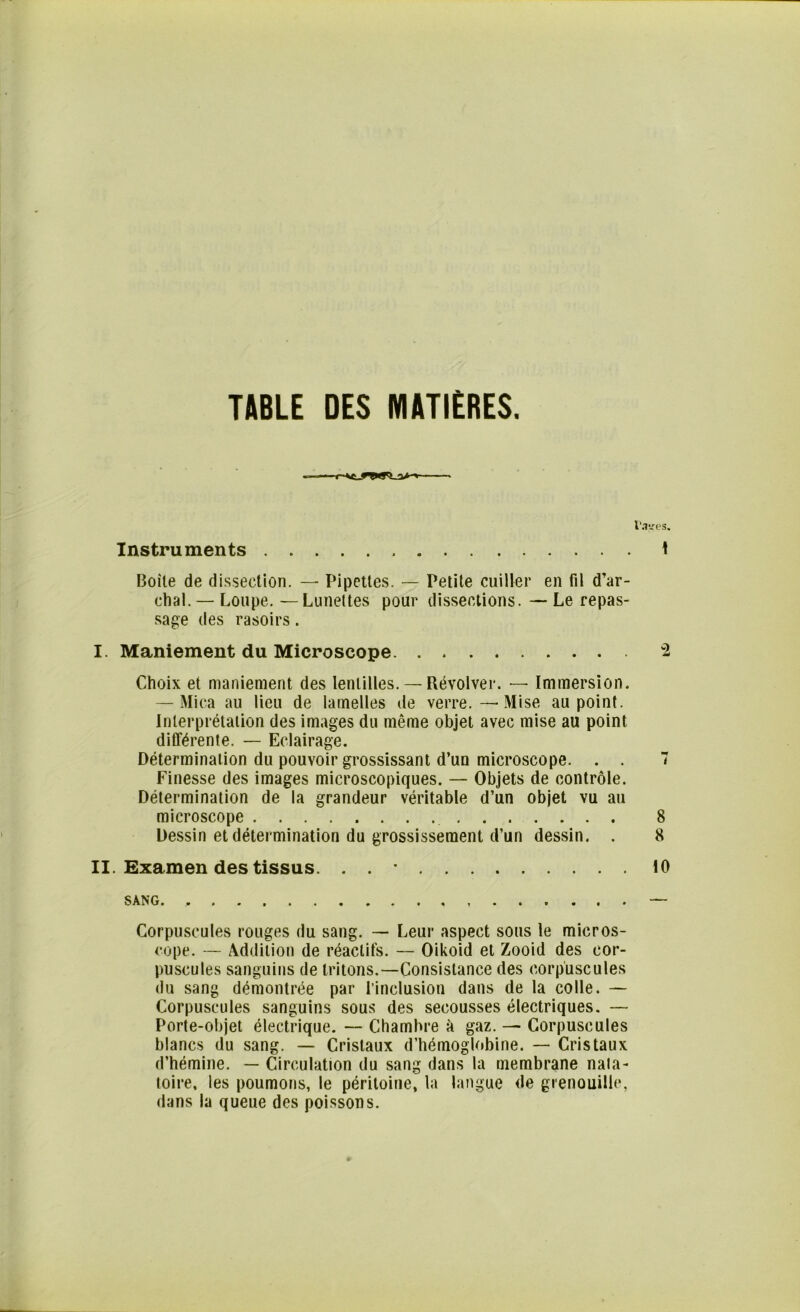 TABLE DES MATIERES. l'ayes. Instruments 1 Boile de dissection. — Pipettes. — Petite cuiller en fil d’ar- chal. — Loupe. — Lunettes pour dissections. — Le repas- sage des rasoirs. I. Maniement du Microscope 2 Choix et maniement des lentilles. — Révolver. — Immersion. — Mica au lieu de lamelles de verre. — Mise au point. Interprétation des images du même objet avec mise au point différente. — Eclairage. Détermination du pouvoir grossissant d’un microscope. . . 7 Finesse des images microscopiques. — Objets de contrôle. Détermination de la grandeur véritable d’un objet vu au microscope 8 Dessin et détermination du grossissement d’un dessin. . 8 II. Examen des tissus. . . * 10 SANG. — Corpuscules rouges du sang. — Leur aspect sous le micros- cope. — Addition de réactifs. — Oikoid et Zooid des cor- puscules sanguins de tritons.—Consistance des corpuscules du sang démontrée par l’inclusion dans de la colle. — Corpuscules sanguins sous des secousses électriques. — Porte-objet électrique. — Chambre à gaz. — Corpuscules blancs du sang. — Cristaux d’hémoglobine. — Cristaux d’hémine. — Circulation du sang dans la membrane naia- loire, les poumons, le péritoine, la langue de grenouille, dans la queue des poissons.