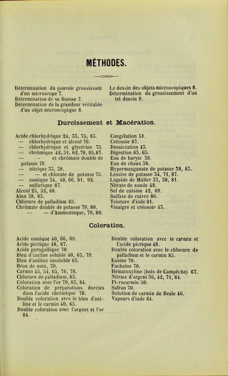 MÉTHODES. Détermination du pouvoir grossissant Le dessin des objets microscopiques 8. d’un microscope 7. Détermination du grossissement d’un Détermination de sa finesse 7. tel dessin 9. Détermination de la grandeur véritable d’un objet microscopique 8. Durcissement et Macération. Acide chlorhydrique 24, 35, 73, 85. — chlorhydrique et alcool 76. — chlorhydrique et glycérine 75. — chrômique 42,51, 62,78, 85,87. — - - et chrômate double dé potasse 79. — nitrique 53, 38. — — et chlorate de potasse 75. — osmique 54, 40, 66, 81, 92. — sulfurique 87. Alcool 25, 52, 88. Alun 58, 83. Chlorure de palladium 85. Chrômate double de potasse 79, 80. — — d’Ammoniaque, 79, 80. Congélation 51. Créosote 87. Dessiccation 45. Digestion 63, 65. Eau de baryte 38. Eau de chaux 38. Hypermanganate de potasse 38, 83. Lessive de potasse 34, 71, 87. Liquide de Millier 55, 38, 81. Nitrate de soude 42. Sel de cuisine 42, 69. Sulfate de cuivre 86. Teinture d’iode 81. Vinaigre et créosote 45. Coloration. Acide osmique 40, 66, 69. Acide picrique 48, 87. Acide pyrogallique 70. Bleu d’aniline soluble 40, 65, 79. Bleu d’aniline insoluble 65. Brou de noix, 70. Carmin 45, 54, 65, 76, 78. Chlorure de palladium, 83. Coloration avec l’or 79, 85, 84. Coloration de préparations durcies dans l’acide chrômique 78. Double coloration avec le bleu d’ani- line et le carmin 40, 65. Double coloration avec l’argent et l’or 84. Double coloration avec le carmin et l’acide picrique 48. Double coloration avec le chlorure de palladium et le carmin 85. Eosine 70. Fuchsine 70. Ilémaloxyline (bois deCampêche) 67. Nitrate d’argent 36, 42, 71, 84. Pii rocarmin 50. Safran 70. Solution de carmin de Beale 46f Vapeurs d’iode 84.