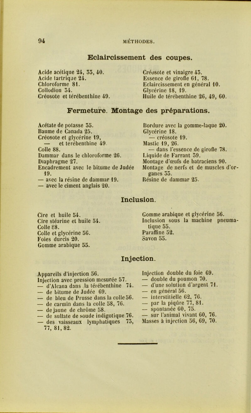 Eclaircissement des coupes. Acide acétique 24, 33, 40. Acide tartrique 24. Chloroforme 81. Collodion 54. Créosote et térébenthine 49. Créosote et vinaigre 43. Essence de girofle 61, 78. Eclaircissement en général 10. Glycérine 18, 19. Huile de térébenthine 26, 49, 60. Fermeture. Montage des préparations. Acétate de potasse 35. Baume de Canada 25. Créosote et glycérine 19, — et térébenthine 49. Colle 88. Dammar dans le chloroforme 26. Diaphragme 27. Encadrement avec le bitume de Judée 19. — avec la résine de dammar 19. — avec le ciment anglais 20. Bordure avec la gomme-laque 20. Glycérine 18. — créosote 19. Mastic 19, 26. — dans l’essence de girofle 78. Liquide de Farrant 59. Montage d’œufs de batraciens 90. Montage de nerfs et de muscles d’or ganes 35. Résine de dammar 25. Inclusion. Cire et huile 54. Cire stéarine et huile 54. Colle 88. Colle et glycérine 56. Foies durcis 20. Gomme arabique 55. Gomme arabique et glycérine 56. Inclusion sous la machine pneuma tique 55. Paraffine 52. Savon 55. Injection. Appareils d’injection 56. Injection avec pression mesurée 57. — d’Alcana dans ,1a térébenthine 74. — de bitume de Judée 69. — de bleu de Prusse dans la colle 56. — de carmin dans la colle 58, 76. — de jaune de chrome 58. — de sulfate de soude indigotique 76. — des vaisseaux lymphatiques 75, 77, 81,82. Injection double du foie 69. — double du poumon 70. — d’une solution d’argent 71. — en général 56. — interstitielle 62, 76. — par la piqûre 77, 81. — spontanée 60, 75. — sur l’animal vivant 60, 76. Masses à injection 56, 69, 70.