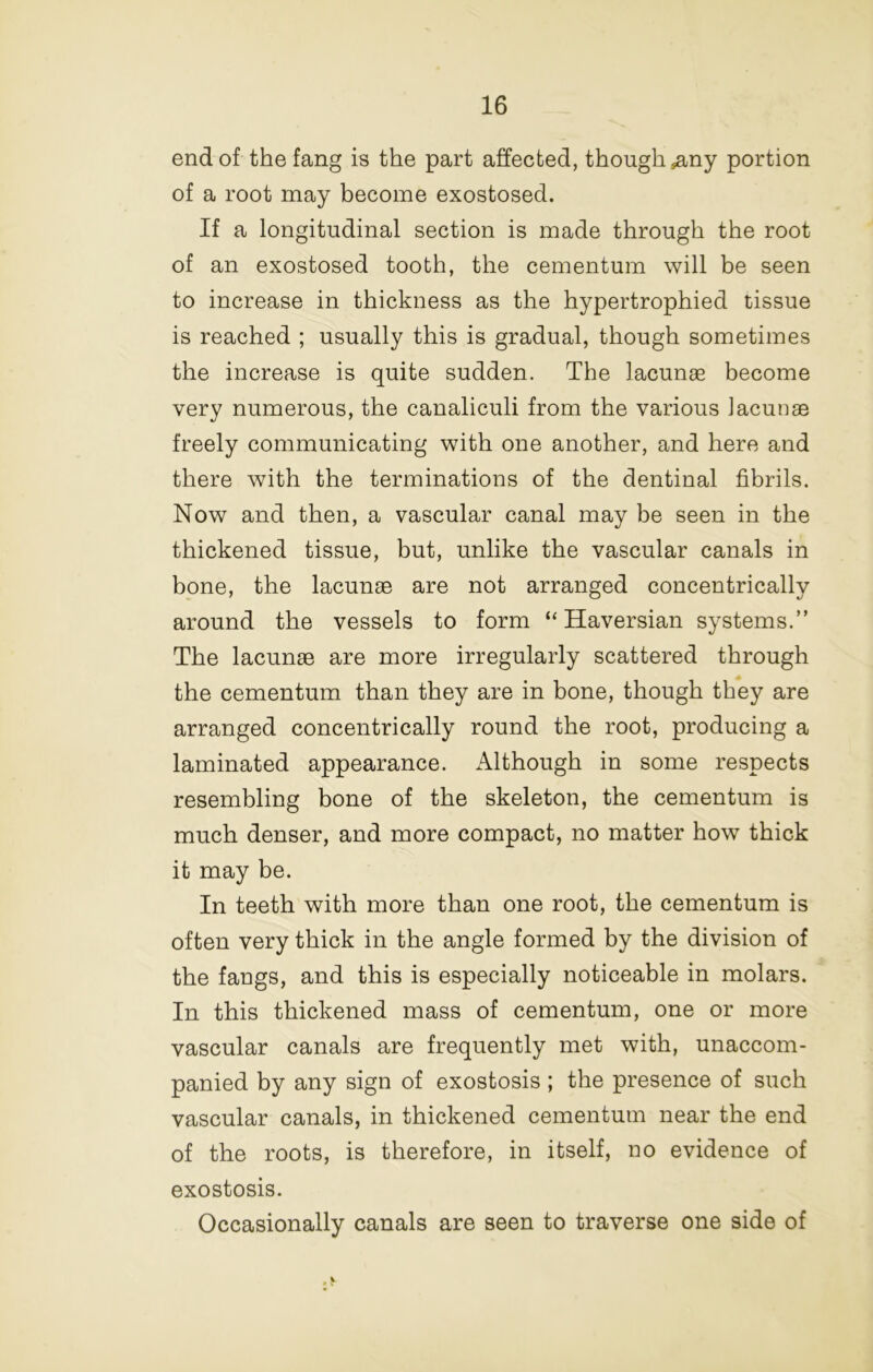 end of the fang is the part affected, though ^ny portion of a root may become exostosed. If a longitudinal section is made through the root of an exostosed tooth, the cementum will be seen to increase in thickness as the hypertrophied tissue is reached ; usually this is gradual, though sometimes the increase is quite sudden. The lacunae become very numerous, the canaliculi from the various lacunae freely communicating with one another, and here and there with the terminations of the dentinal fibrils. Now and then, a vascular canal may be seen in the thickened tissue, but, unlike the vascular canals in bone, the lacunae are not arranged concentrically around the vessels to form “Haversian systems.” The lacunae are more irregularly scattered through the cementum than they are in bone, though they are arranged concentrically round the root, producing a laminated appearance. Although in some respects resembling bone of the skeleton, the cementum is much denser, and more compact, no matter how thick it may be. In teeth with more than one root, the cementum is often very thick in the angle formed by the division of the fangs, and this is especially noticeable in molars. In this thickened mass of cementum, one or more vascular canals are frequently met with, unaccom- panied by any sign of exostosis; the presence of such vascular canals, in thickened cementum near the end of the roots, is therefore, in itself, no evidence of exostosis. Occasionally canals are seen to traverse one side of