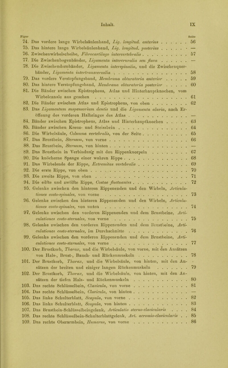 Figur Seite 74. Das vordere lange Wirbelsäulenband, Lig. longiiud. anterius 56 75. Das hintere lange Wirbelsäulenband, LAg. longitud. posterius • — 76. Zwischen wirbelscheibe, Fibrocartilago intervertebralis 57 77. Die Zwischenbogenbänder, Ligamenta intercruralia seu flava — 78. Die Zwiscliendornbänder, Ligamenta interspincdia, und die Zwischenquer- bänder, Ligamenta intertransversalia 58 79. Das vordere Verstopfungsband, Membrana obturatoria anterior 59 80. Das hintere Verstopfungsband, Membrana obturatoria posterior 60 81. Die Bänder zwischen Epistroplieus, Atlas und Hinterhauptknochen, vom Wirbelcanale aus gesehen 61 82. Die Bänder zwischen Atlas und Epistroplieus, von oben 62 83. Das LAgamentum Suspensorium dentis und die Ligamenta alaria, nach Er- öffnung des vorderen Halbringes des Atlas — 84. Bänder zwischen Epistroplieus, Atlas und Hinterhauptknochen 63 85. Bänder zwischen Kreuz- und Steissbein 64 86. Die Wirbelsäule, Columna vertebralis, von der Seite 65 87. Das Brustbein, Sternum, von vorne 66 88. Das Brustbein, Sternum, von hinten — 89. Das Brustbein in Verbindung mit den Rippenknorpeln 67 90. Die knöcherne Spange einer wahren Rippe 68 91. Das Wirbelende der Rippe, Extremitas vertebralis 69 92. Die erste Rippe, von oben 70 93. Die zweite Rippe, von oben • . • 71 94. Die eilfte und zwölfte Rippe, Costae fluctuantes 72 95. Gelenke zwischen den hinteren Rippenenden und den Wirbeln, Articula- tiones costo-spinales, von vorne 73 96. Gelenke zwischen den hinteren Rippenenden und den Wirbeln, Articida- tiones costo-spinales, von unten 74 97. Gelenke zwischen den vorderen Rippenenden und dem Brustbeine, Arii- culationes costo-sternales, von vorne 75 98. Gelenke zwischen den vorderen Rippenenden und dem Brustbeine, Arti- culationes costo-sternales, im Durchschnitte 76 99. Gelenke zwischen den vorderen Rippenenden und dem Brustbeine, Arti- culationes costo-sternales, von vorne 77 100. Der Brustkorb, Thorax, und die Wirbelsäule, von vorne, mit den Ansätzen von Hals-, Brust-, Bauch- und Rückenmuskeln 78 101. Der Brustkorb, Thorax, und die Wirbelsäule, von hinten, mit den An- sätzen der breiten und einiger langen Rückenmuskeln 79 102. Der Brustkorb, Thorax, und die Wirbelsäule, von hinten, mit den An- sätzen der tiefen Hals- und Rückenmuskeln 80 103. Das rechte Schlüsselbein, Clavicida, von vorne 81 104. Das rechte Schlüsselbein, Clavicula, von hinten — 105. Das linke Schulterblatt, Scapula, von vorne 82 106. Das linke Schulterblatt, Scapula, von hinten 83 107. Das Brustbein-Schlüsselbeingelenk, Articulatio sterno-clavicularis .... 84 108. Das rechte Schlüsselbein-Schulterblattgelenk, Art. acromio-clavicidaris . . 85 109. Das rechte Oberarmbein, Ilumerus, von vorne 86